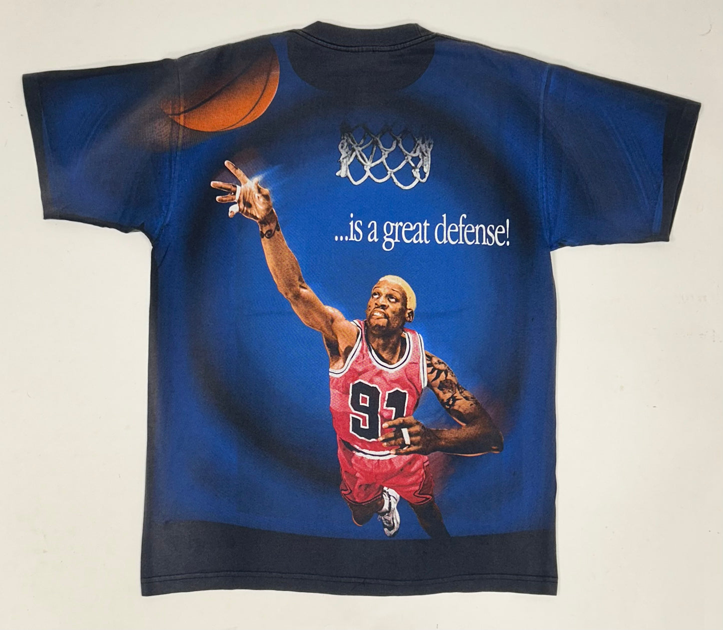 Vintage 1997 Dennis Rodman “The Best Offense Is A Great Defense” All Over Print Tee Tagged Large 22.5x30.5 Inches