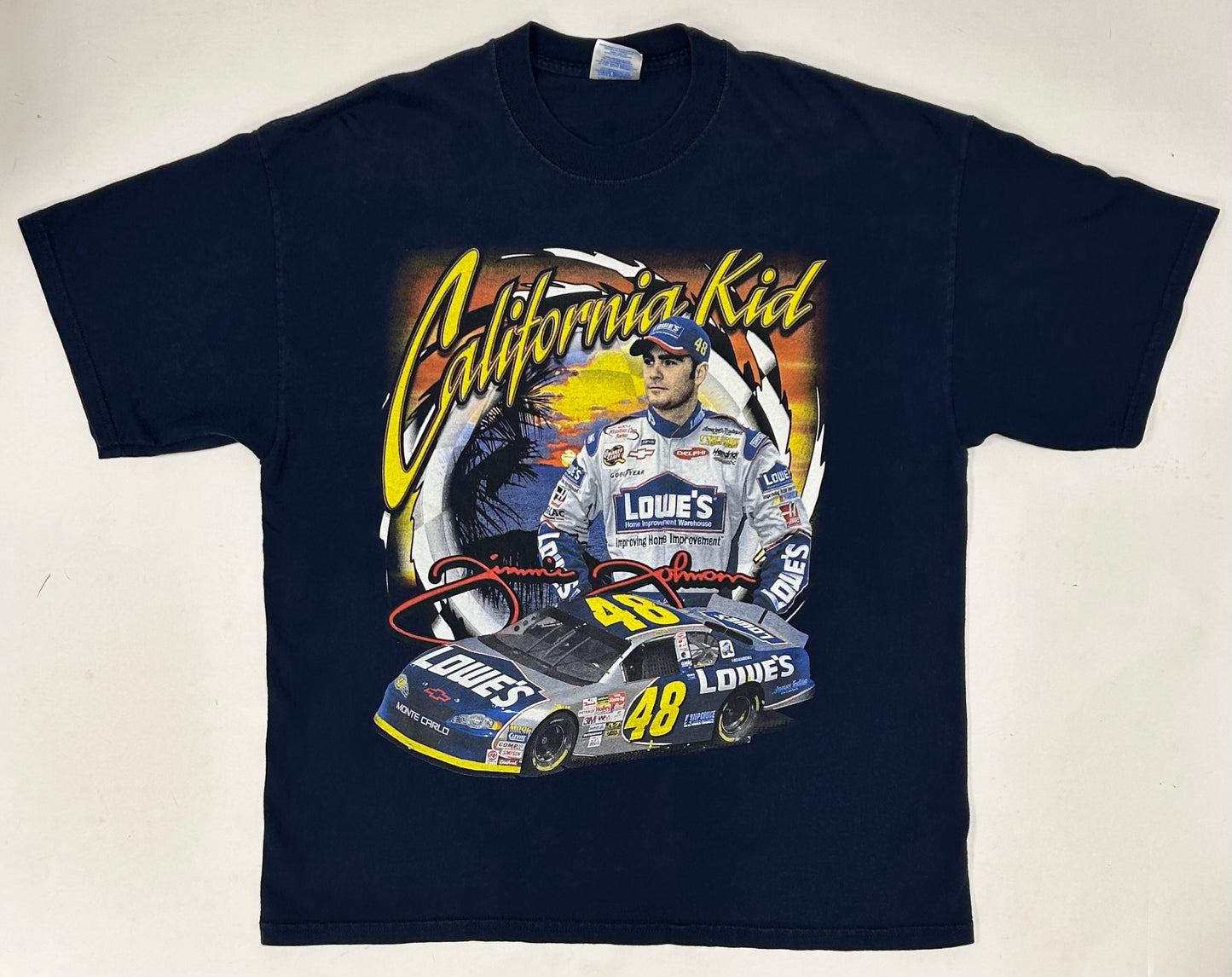 Vintage 2002 NASCAR Jimmi Johnson California Kid Front & Back Print Tee XL 23.75x30 Inches