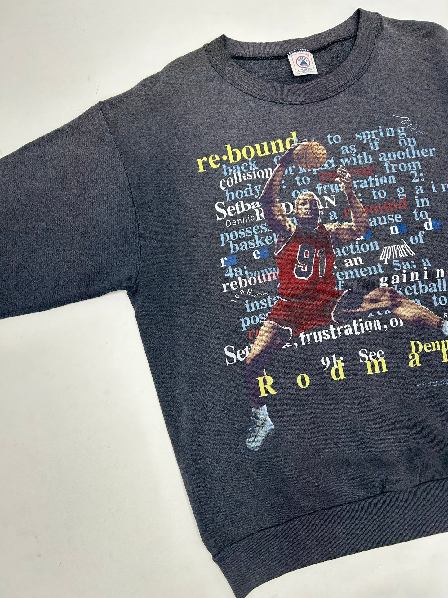 Vintage 1997 Dennis Rodman Rebound Definition Blue Hair Productions Crewneck Sweatshirt Medium 23.25x27.25 Inches Worn Faded As Is