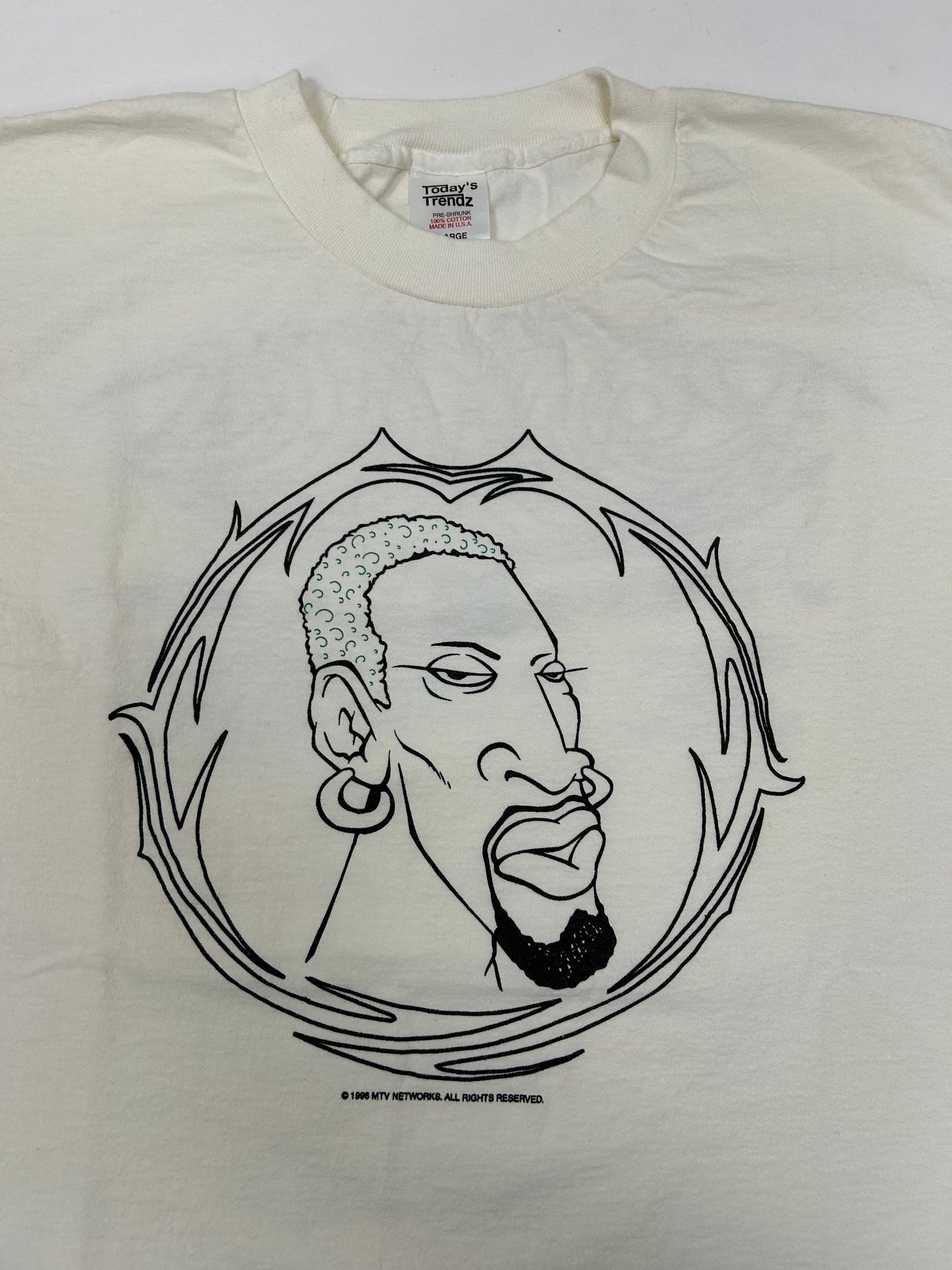 Vintage Dennis Rodman MTV World Tour 1996 Promo Tee Large 21.25x29.25 Inches As Is White