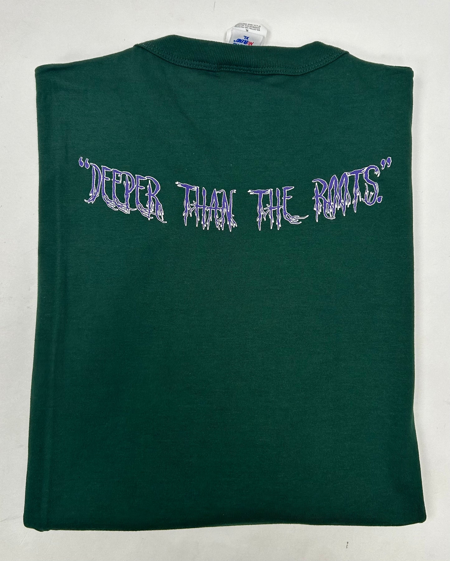 Edgewood NJ first edition “Deeper Than The Roots.” Tee XL 24.75x31 Inches Russell Nu Blend 50/50 El Salvador Forest Green