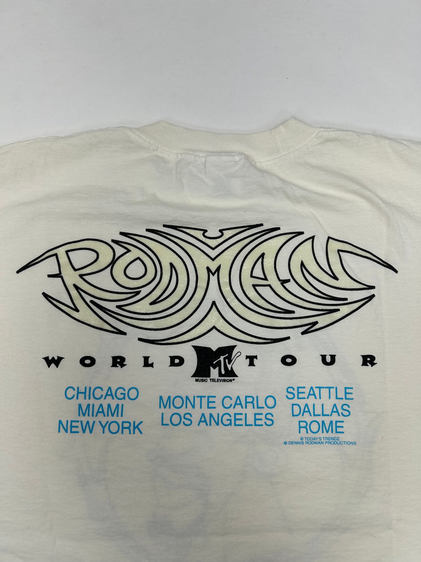 Vintage Dennis Rodman MTV World Tour 1996 Promo Tee Large 21.25x29.25 Inches As Is White