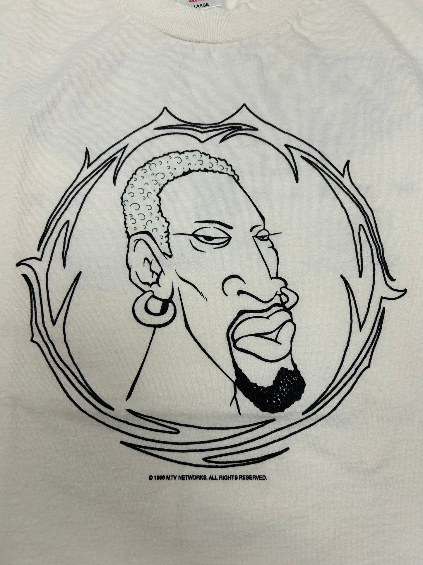 Vintage Dennis Rodman MTV World Tour 1996 Promo Tee Large 21.25x29.25 Inches As Is White