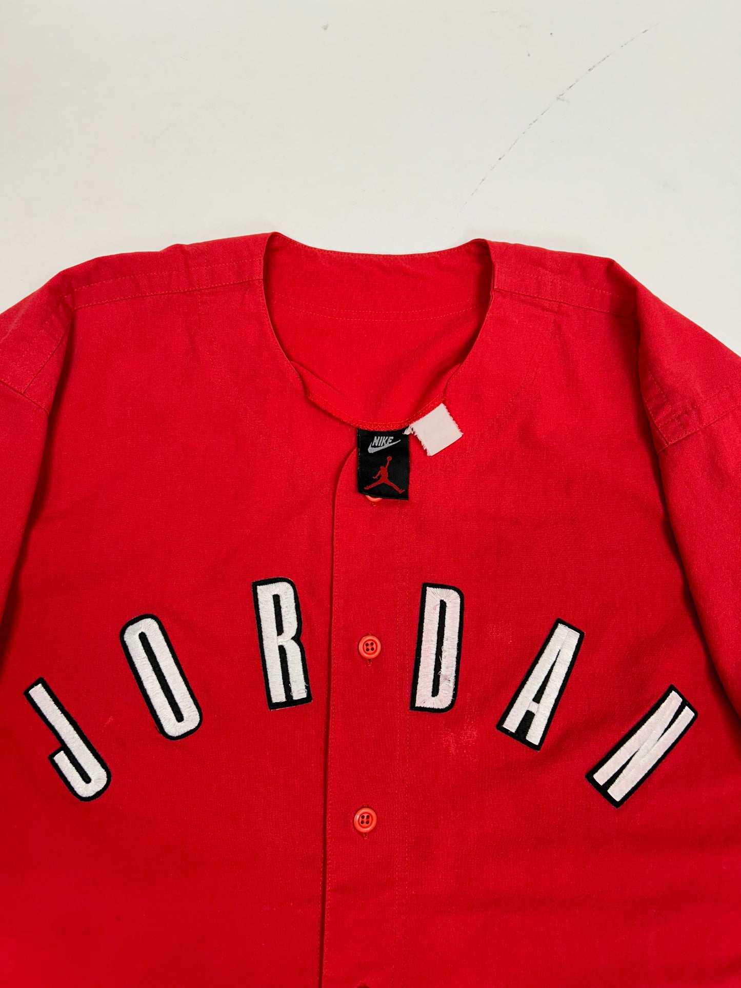 Vintage Nike Air Jordan 'Spellout Logo' Baseball Jersey Red 1991 Rare XL/L Fit