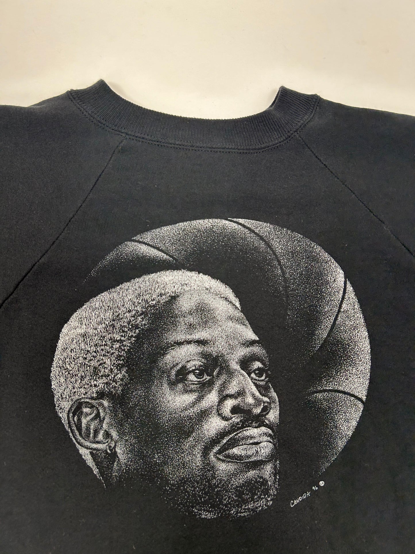 Vintage Dennis Rodman Shadow Graphic Print Candida 1996 Raglan Style Crewneck Sweatshirt Tagged XL Fits Like Large 24.75x27.25 Inches
