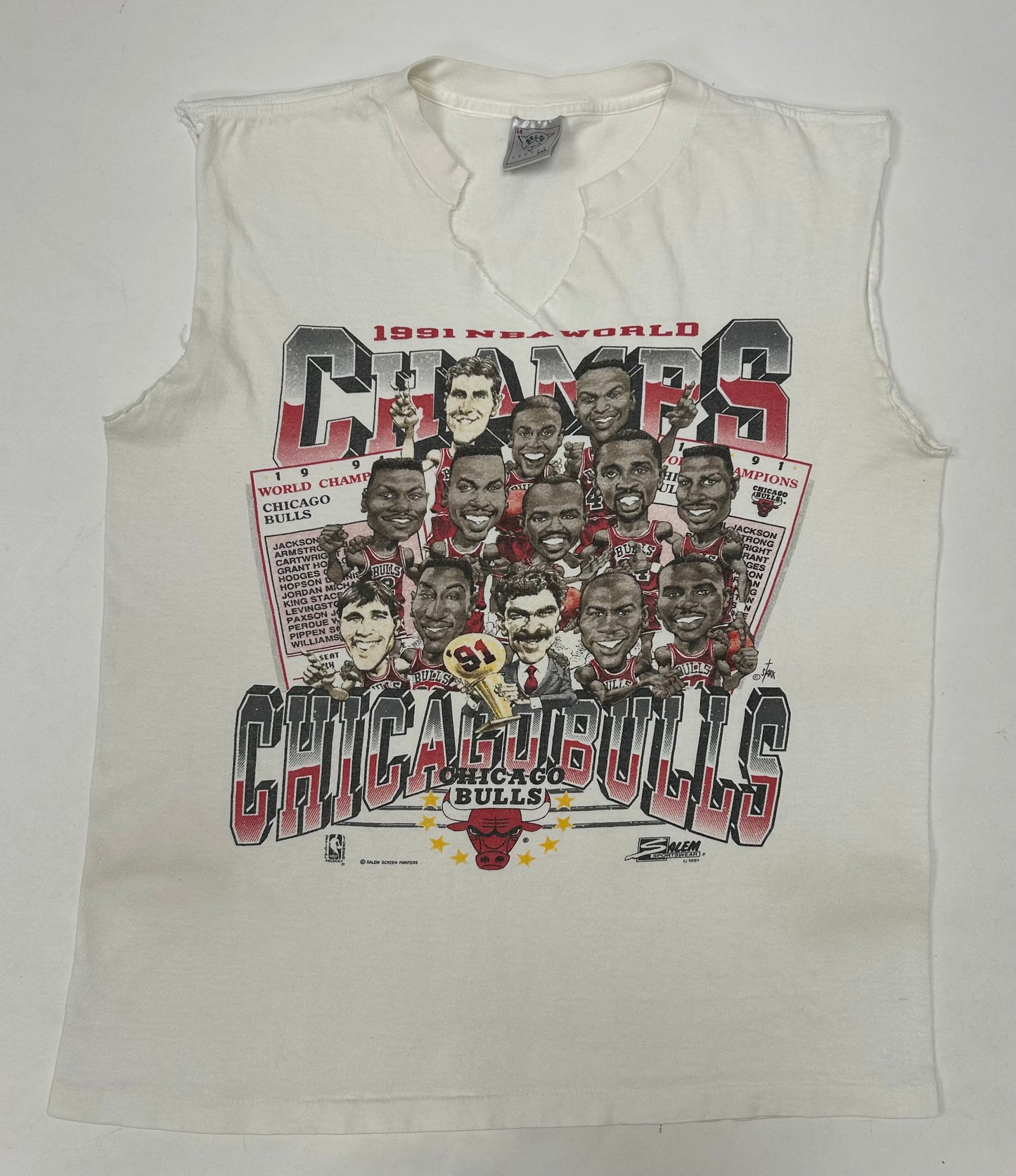 Vintage Chicago Bulls 1991 NBA Champs Caricature Team Salem Sportswear Sleeveless Chopped Tank Top Tee Medium/Small Fit