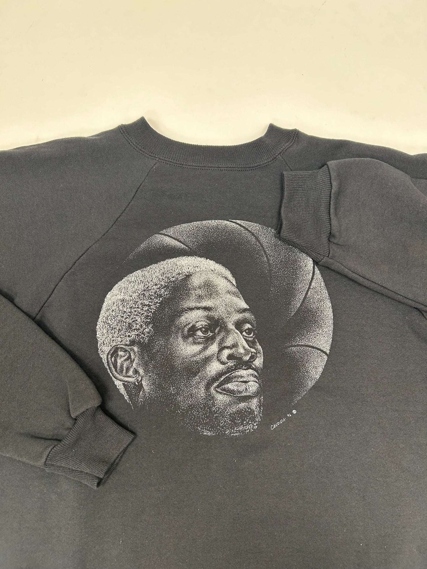 Vintage Dennis Rodman Shadow Graphic Print Candida 1996 Raglan Style Crewneck Sweatshirt Tagged XL Fits Like Large 24.75x27.25 Inches
