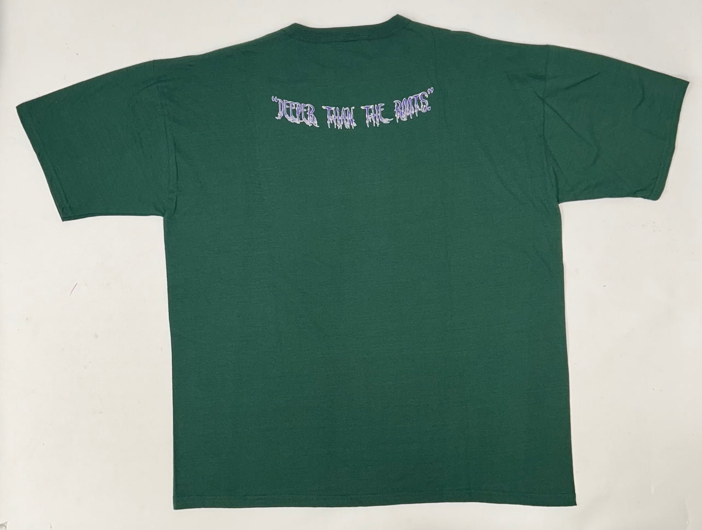 Edgewood NJ first edition “Deeper Than The Roots.” Tee XL Big Fit 25.75x31 Inches Forest Green 00s Russell Athletic NuBlend