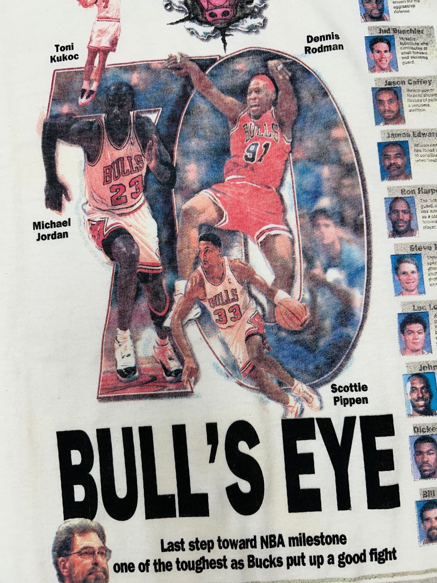 Vintage Chicago Bulls 70 Wins Newspaper Article Tee Bull’s Eye Front Pages XL 23x31.5 DS New With Sticker
