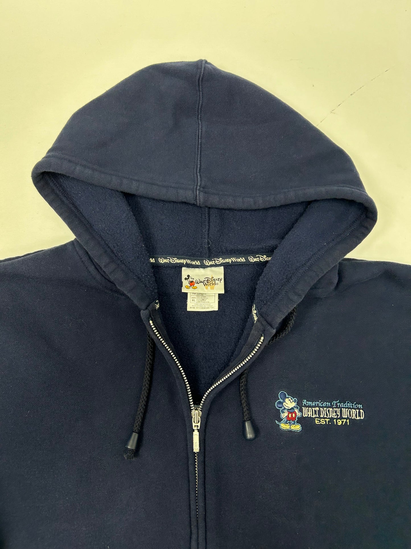 Vintage 00s Walt Disney World American Tradition Mickey Mouse Embroidered Logo Zip Hooded Sweatshirt XL Navy