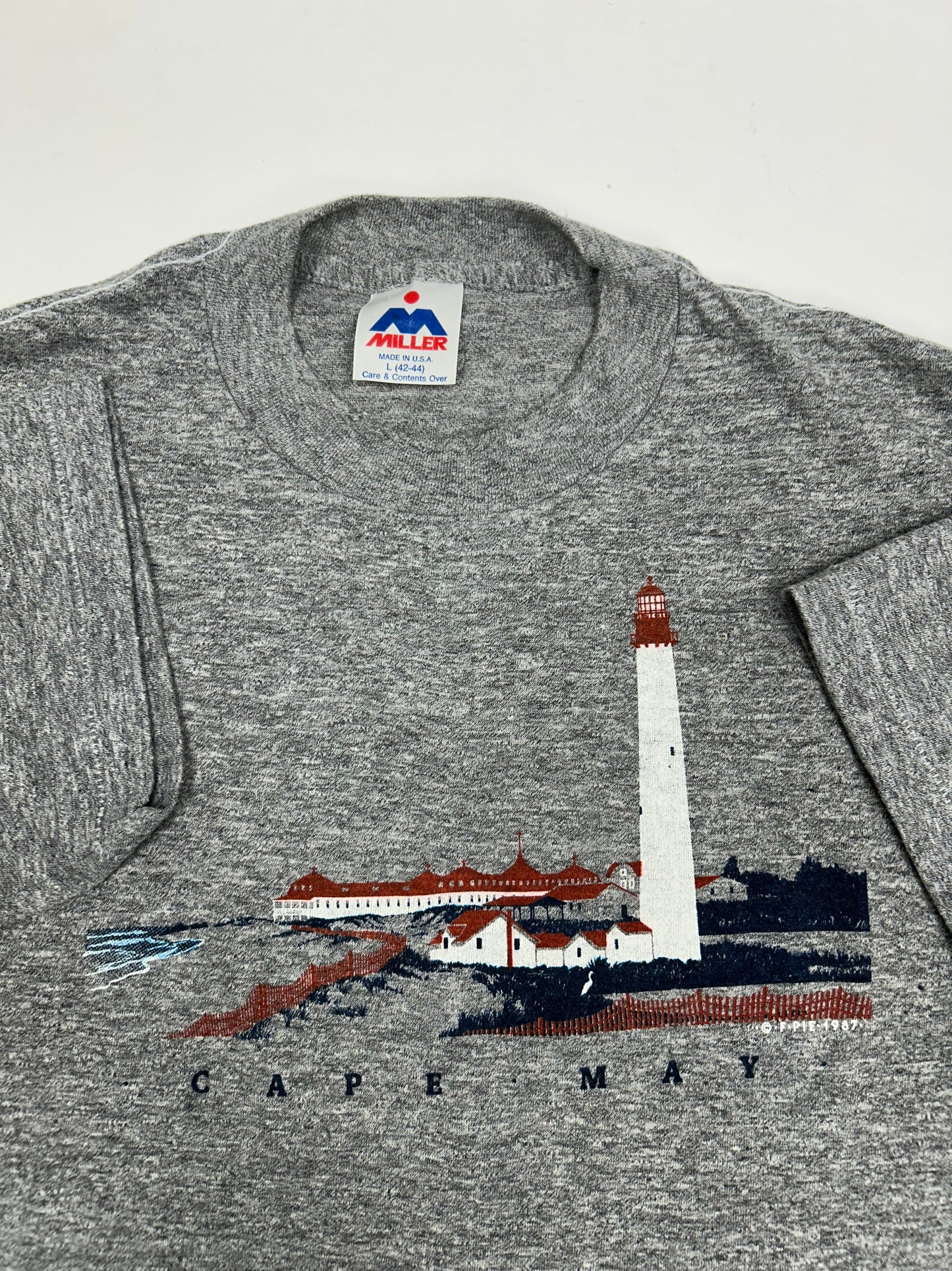 Vintage 1987 Cape May New Jersey Destination Vacation Tee Small/Medium Fit 18.25x28 Inches Gray 50/50 Made In USA