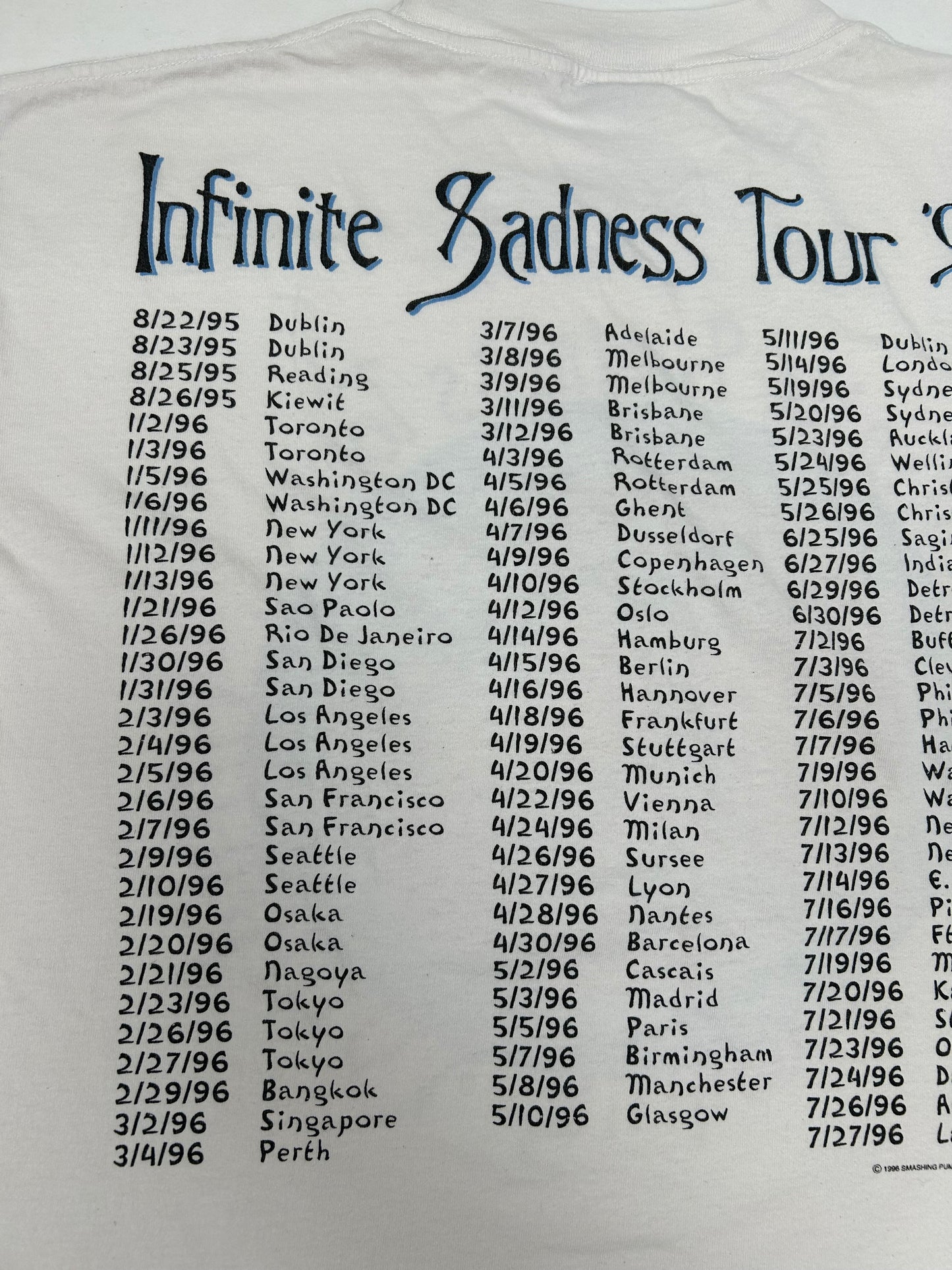 Vintage The Smashing Pumpkins Infinite Sadness Tour 1996 Band Tee Large 22.75x27.75 Inches Tultex Tag