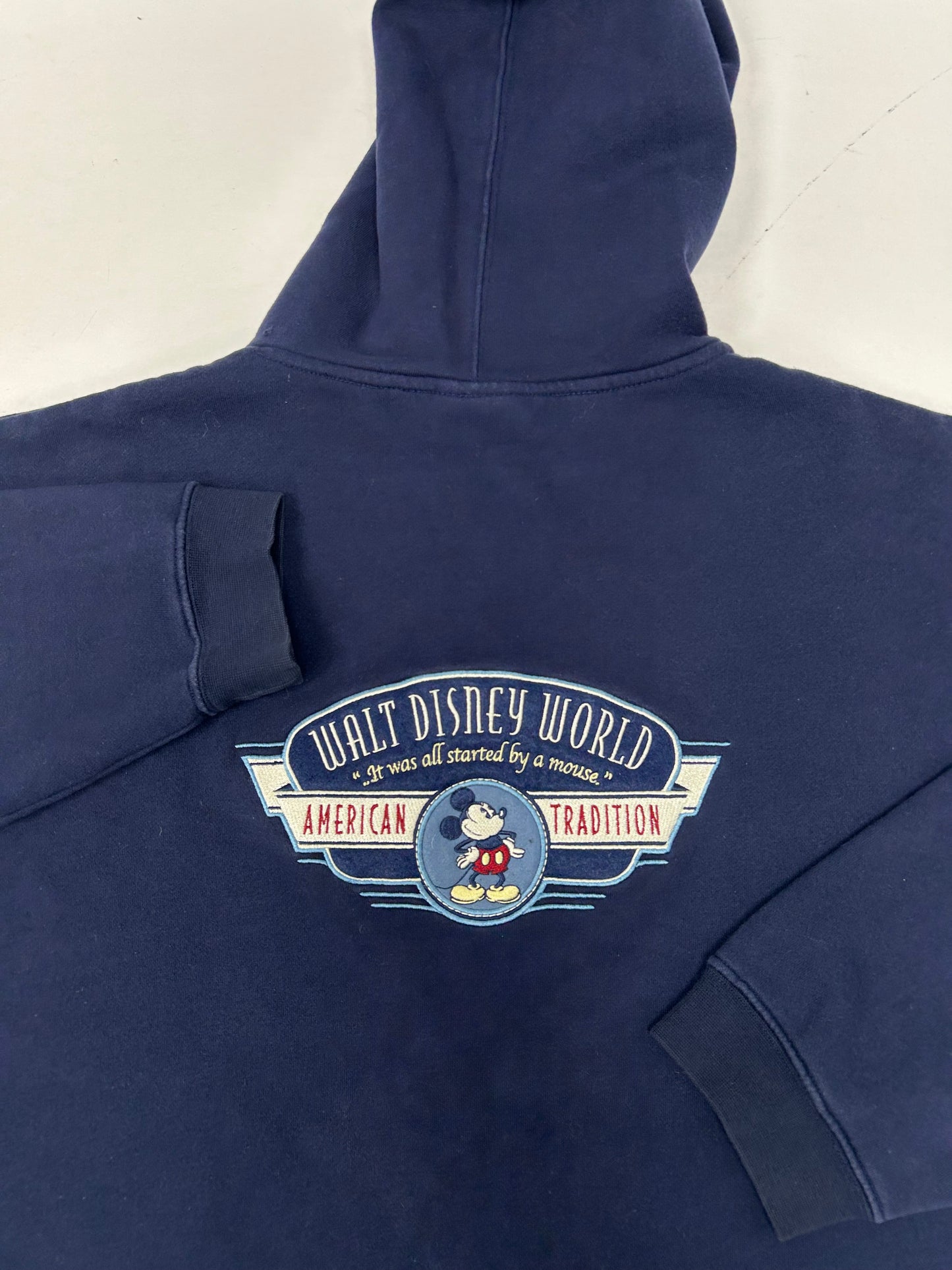 Vintage 00s Walt Disney World American Tradition Mickey Mouse Embroidered Logo Zip Hooded Sweatshirt XL Navy
