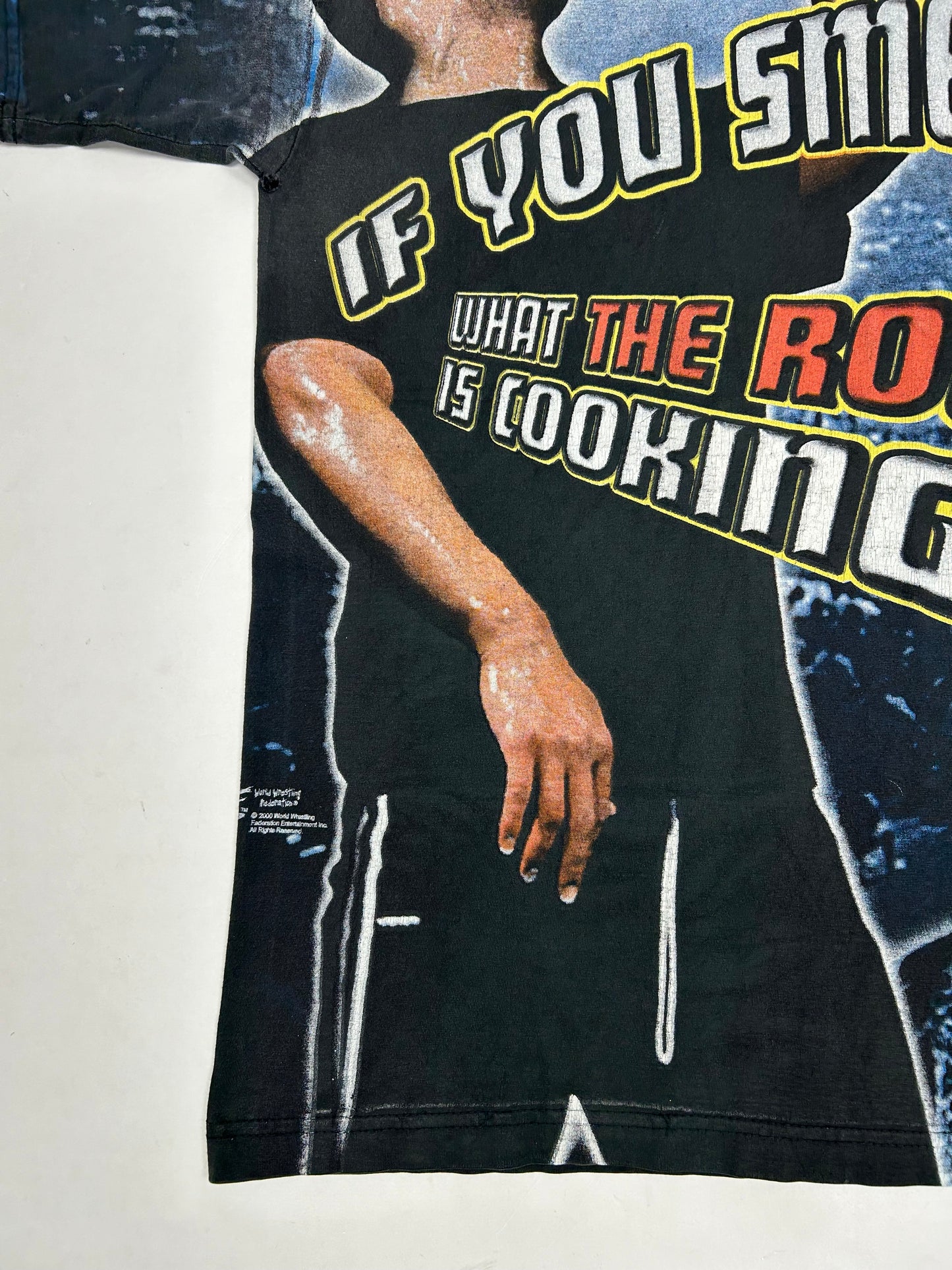 Vintage WWF The Rock Tee “If You Smell What The Rocks Cooking” Shirt Large 22.25x30 Inches AOP Rare