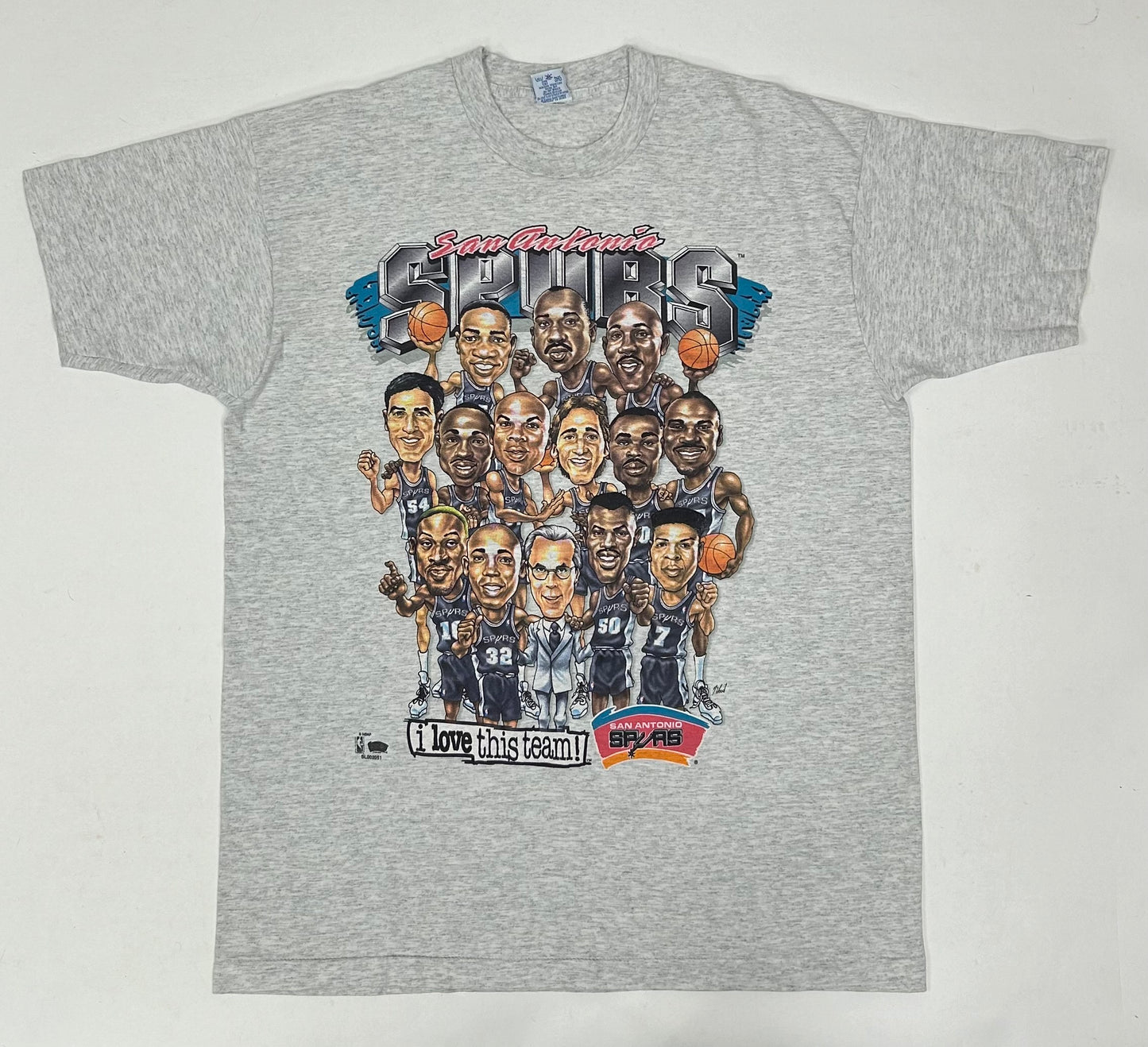 Vintage 90s San Antonio Spurs NBA Caricature Team Salem Sportswear With Rodman Tee XL 24.5x32.75 Inches