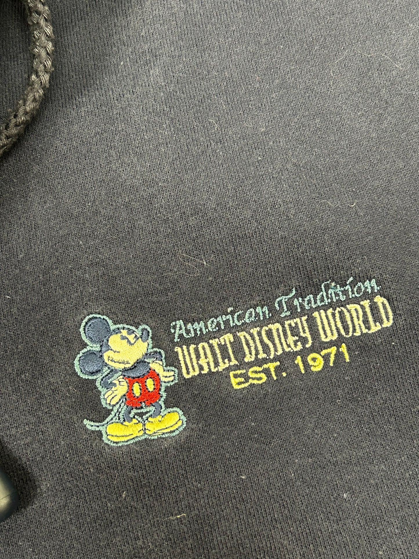 Vintage 00s Walt Disney World American Tradition Mickey Mouse Embroidered Logo Zip Hooded Sweatshirt XL Navy