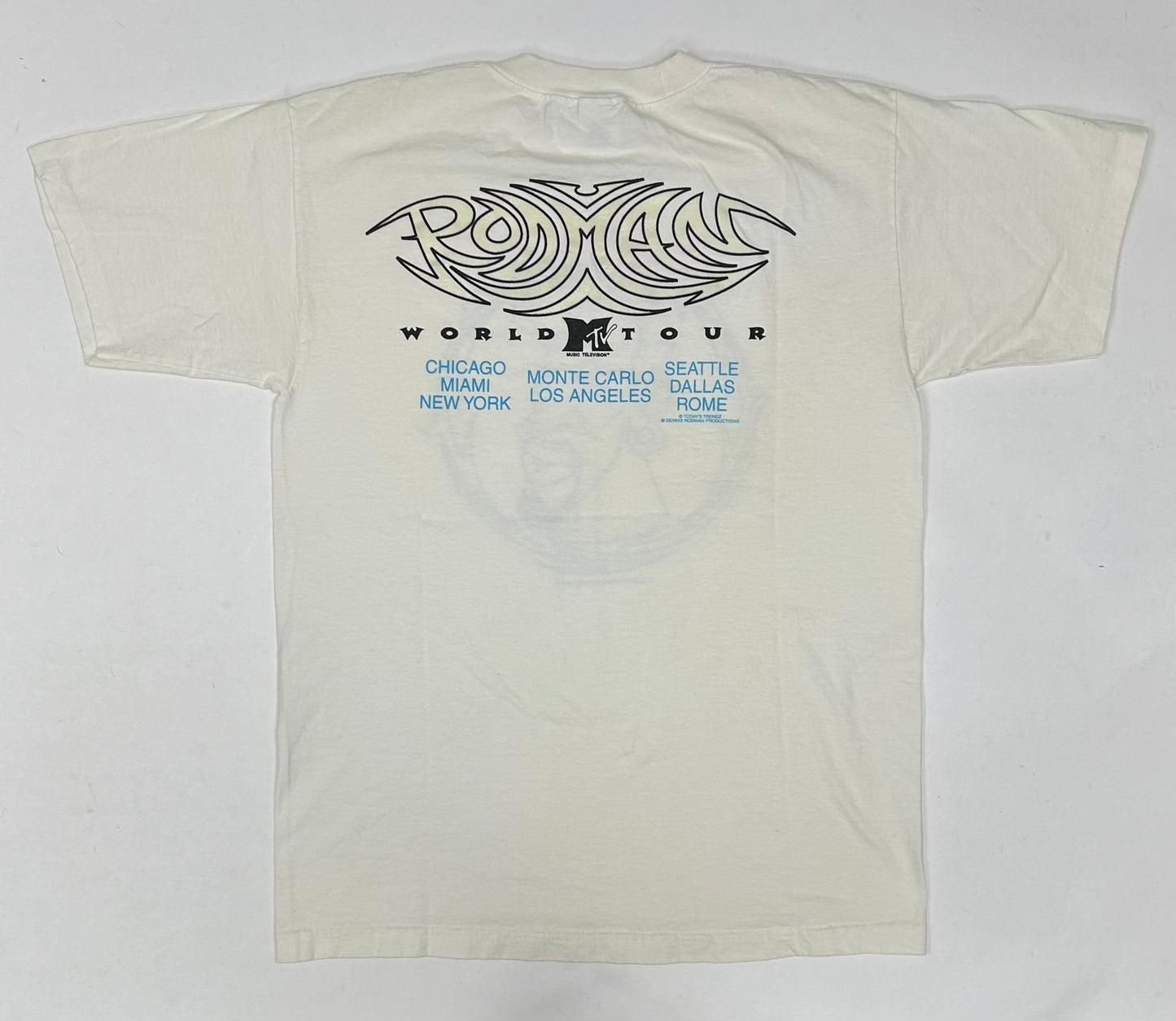 Vintage Dennis Rodman MTV World Tour 1996 Promo Tee Large 21.25x29.25 Inches As Is White