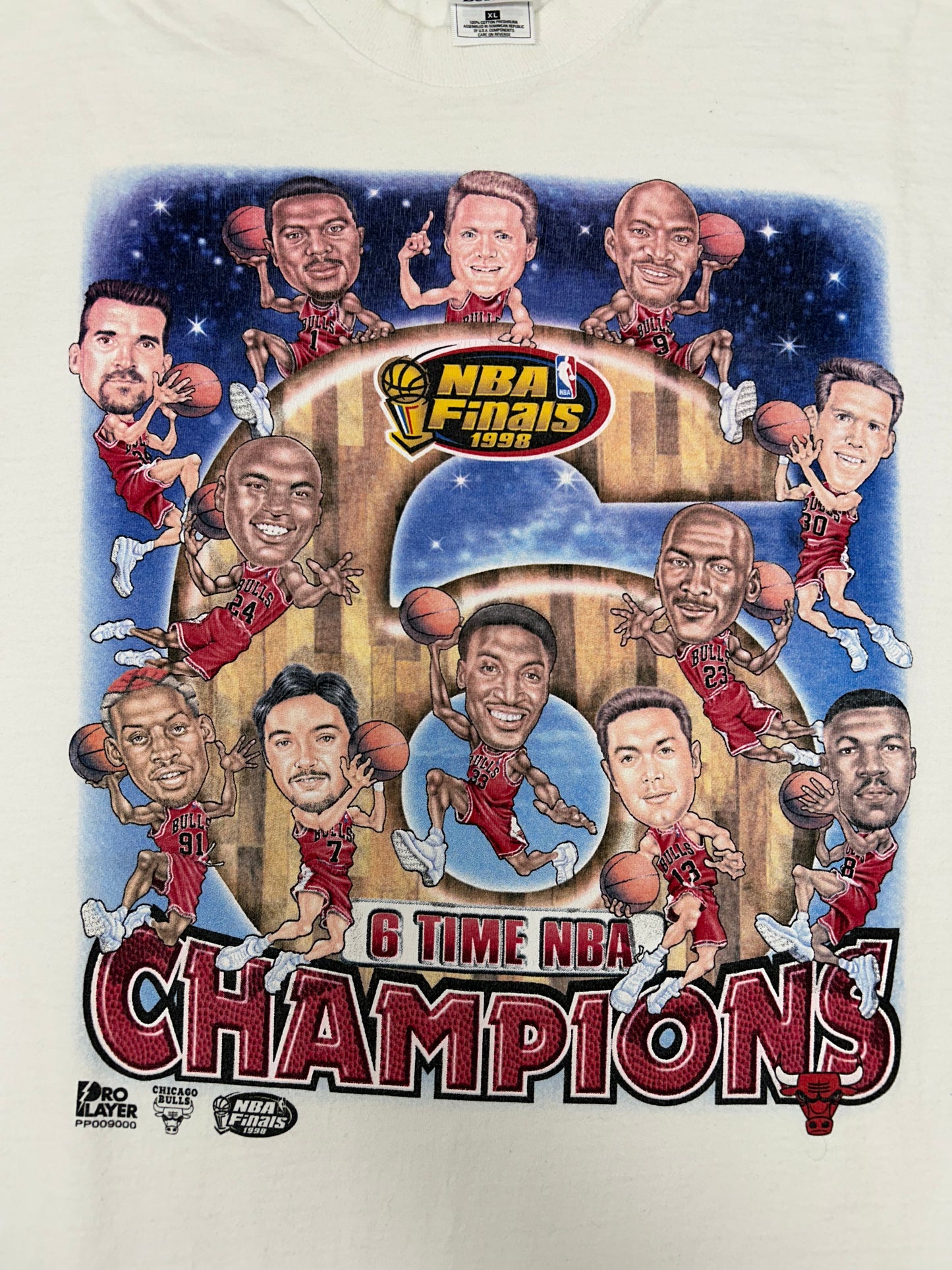 Vintage Pro Player Chicago Bulls 1998 6 Time NBA Champion Caricature Team Tee XL 24x31 Inches As Is