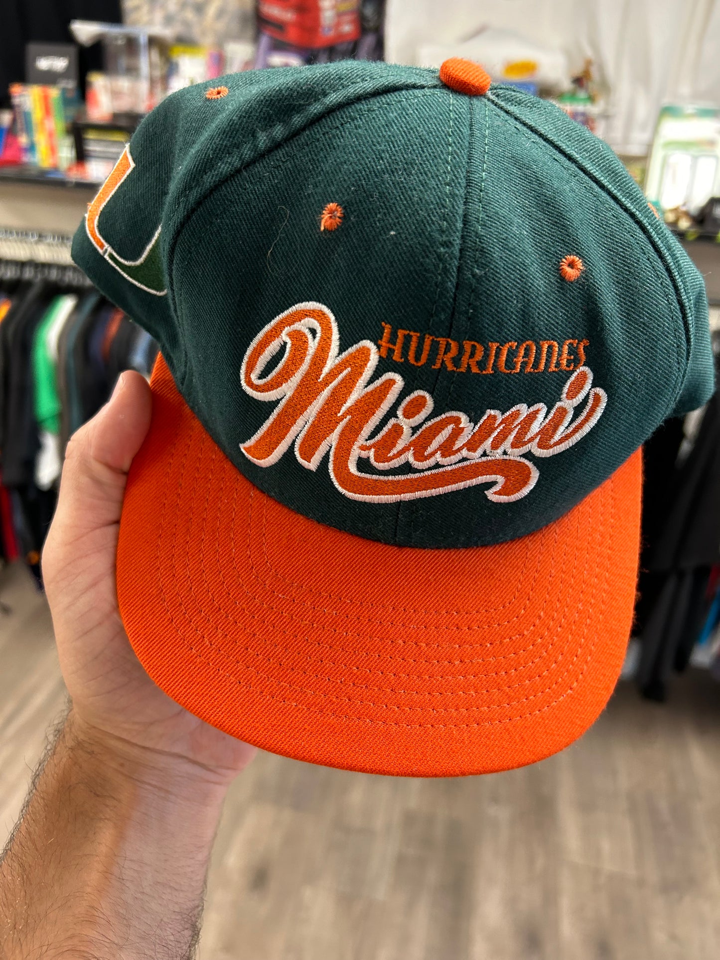 Vintage University of Miami Hurricanes Script College SnapBack Hat Nutmeg Mills