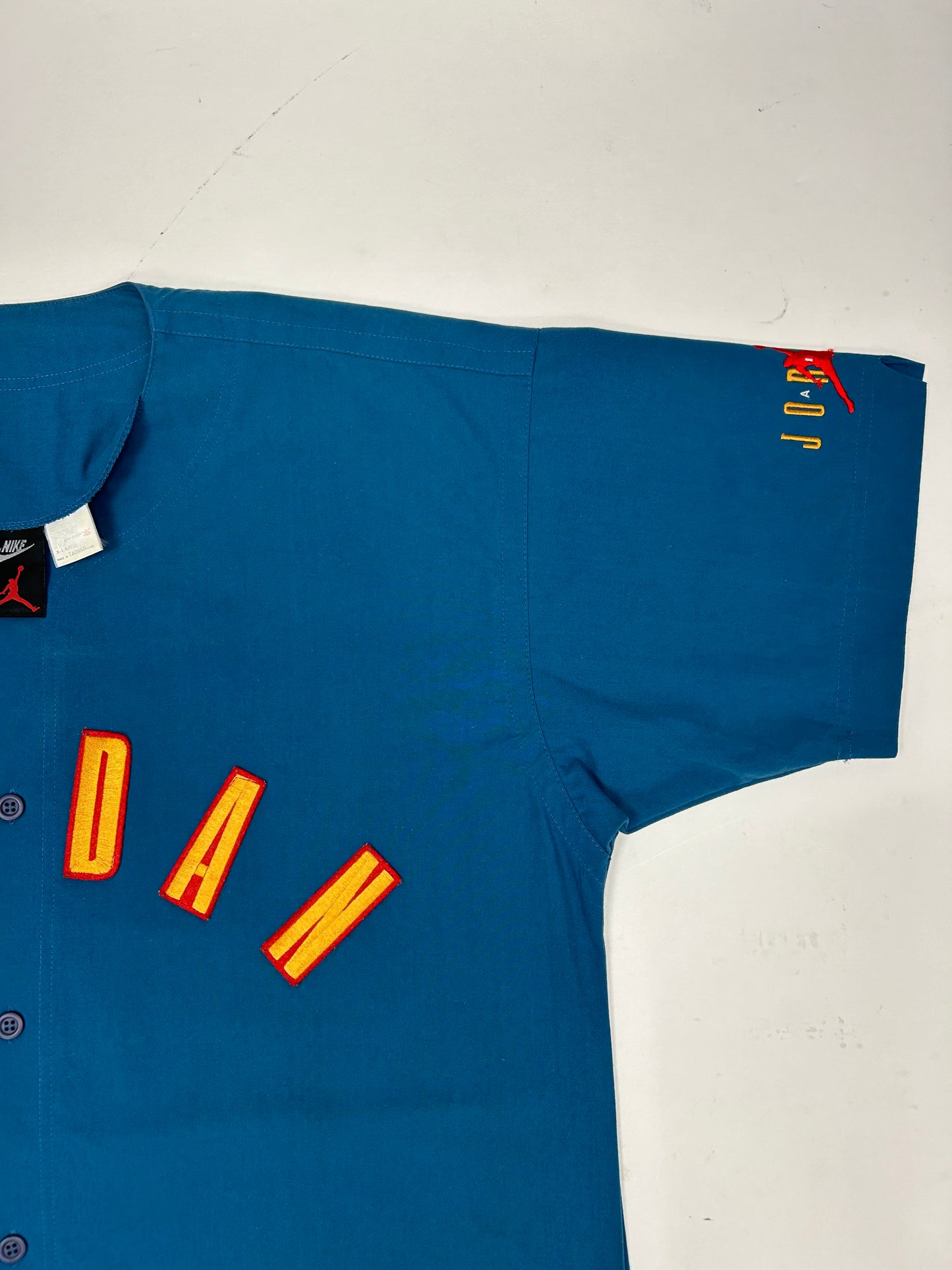 Vintage Nike Air Jordan 'Spellout Logo' Baseball Jersey Blue 1991 Rare XL 27.25x33.5x36 Inches