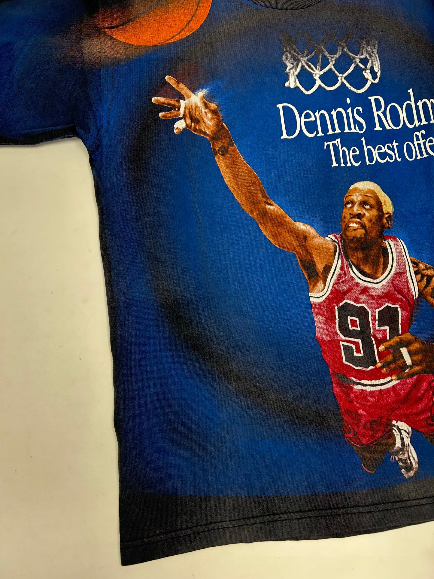 Vintage 1997 Dennis Rodman “The Best Offense Is A Great Defense” All Over Print Tee Tagged Large 22.5x30.5 Inches