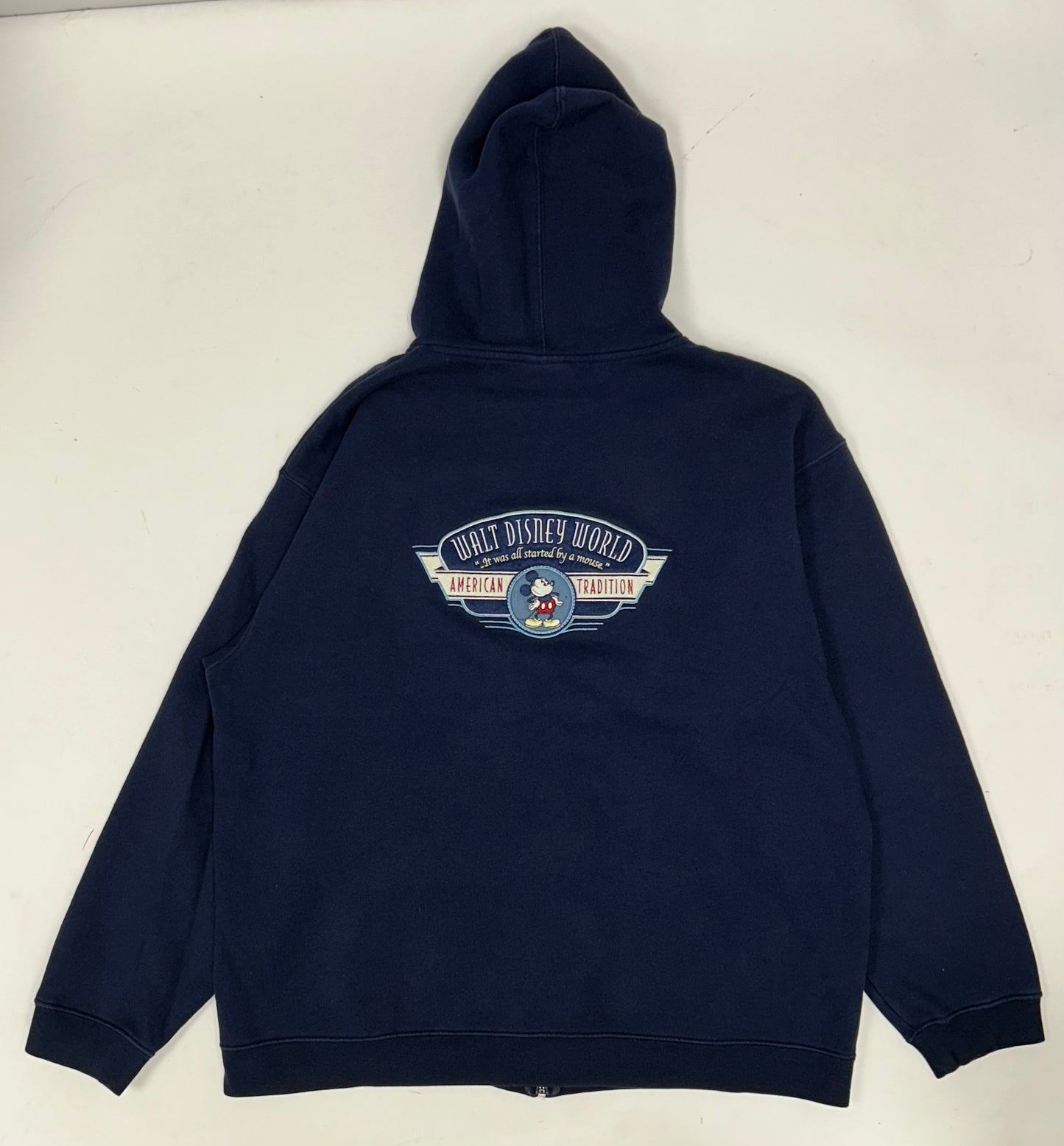 Vintage 00s Walt Disney World American Tradition Mickey Mouse Embroidered Logo Zip Hooded Sweatshirt XL Navy