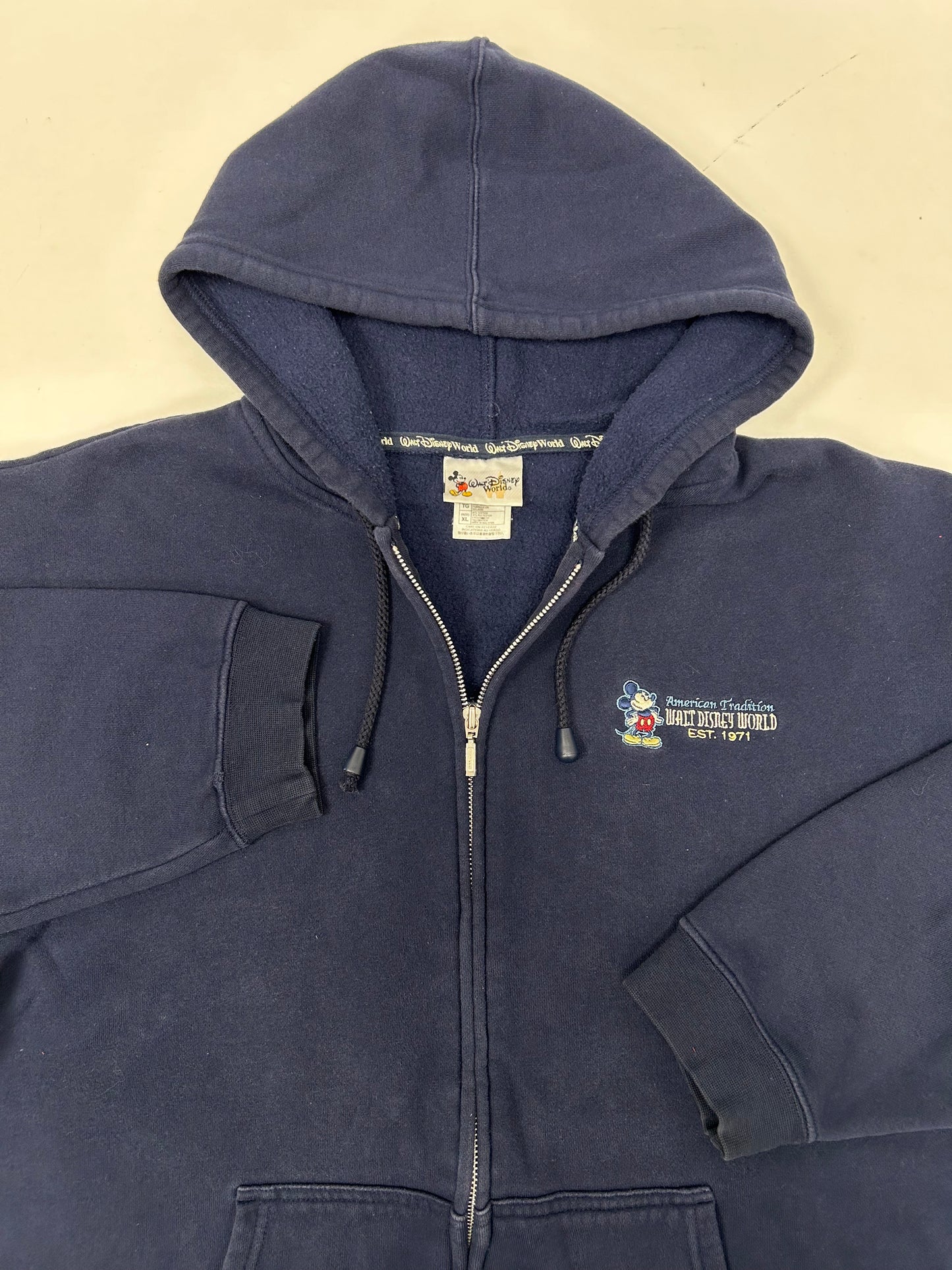 Vintage 00s Walt Disney World American Tradition Mickey Mouse Embroidered Logo Zip Hooded Sweatshirt XL Navy