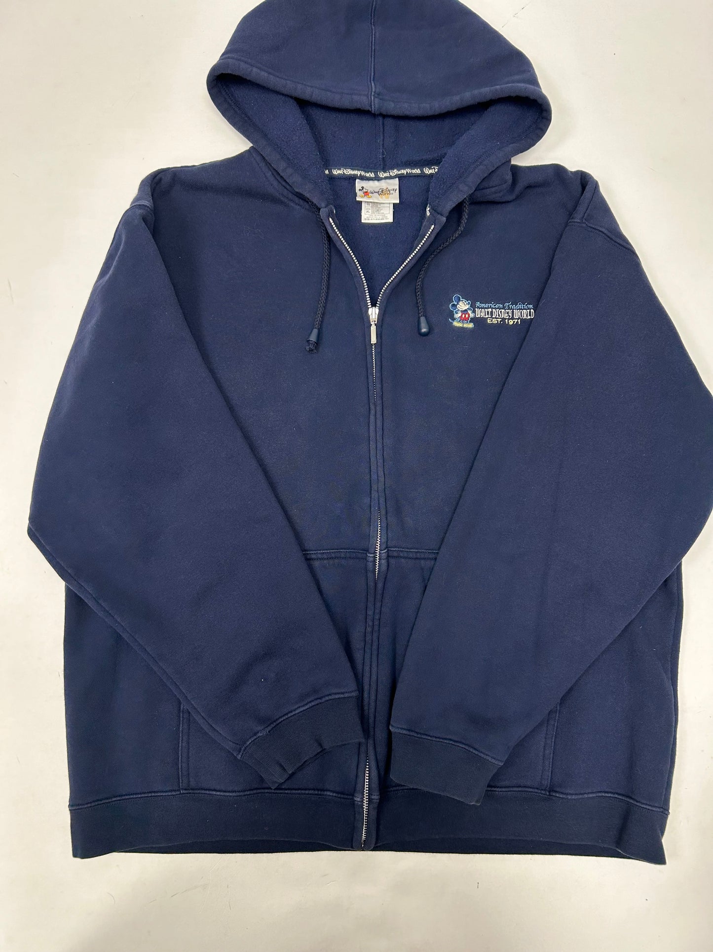 Vintage 00s Walt Disney World American Tradition Mickey Mouse Embroidered Logo Zip Hooded Sweatshirt XL Navy