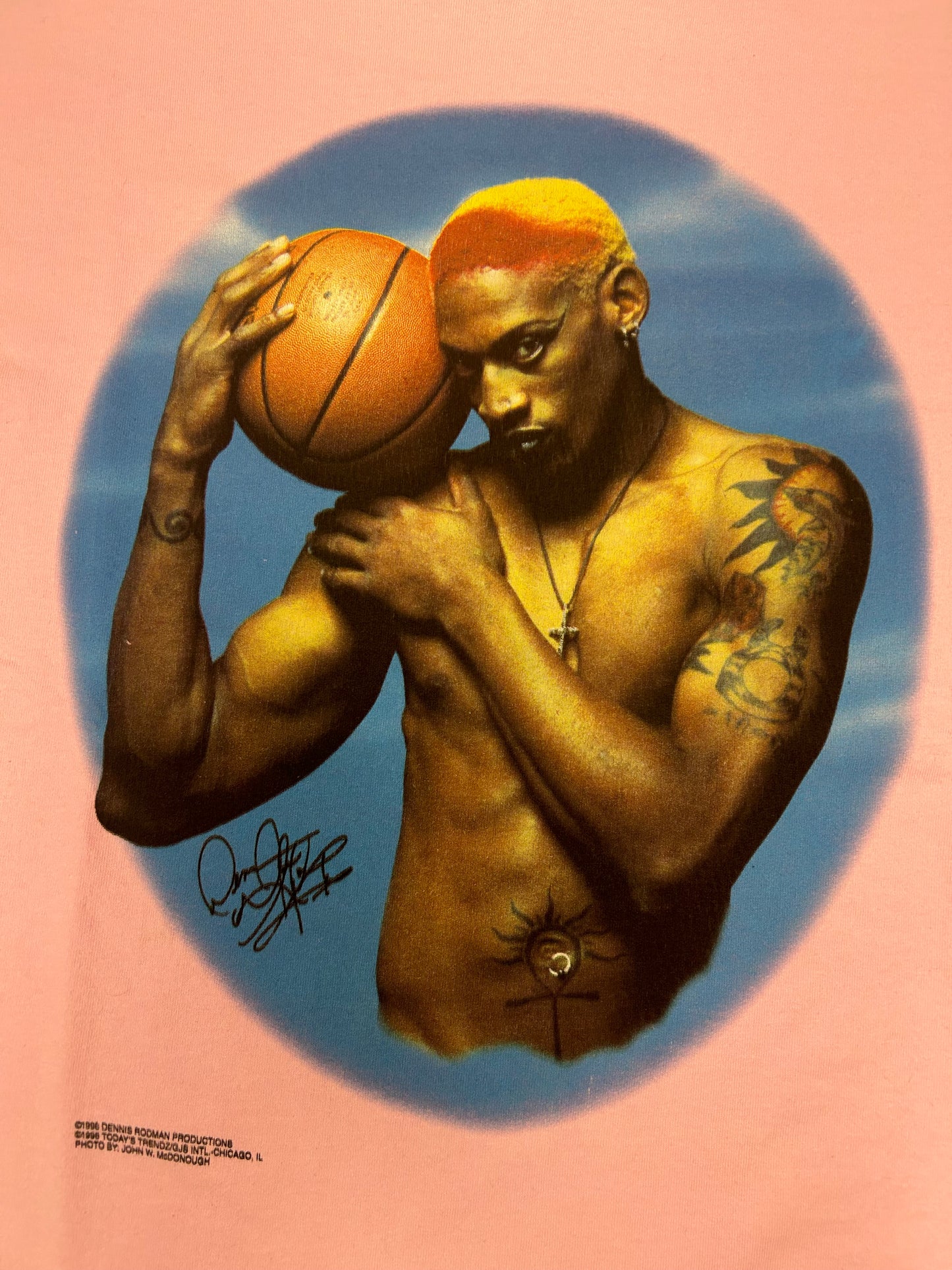Vintage Dennis Rodman Bad As I Wanna Be Print Tee Pink Rare 2XL 25.25x32.5 Inches FOTL Tag Chicago Bulls