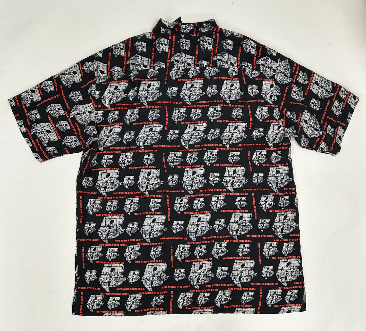 Vintage Ruff Ryders Ryde Or Die Button Up Silk All Over Print DMX Rap Tee XL/2XL 27.5x33.75/35.5 Inches