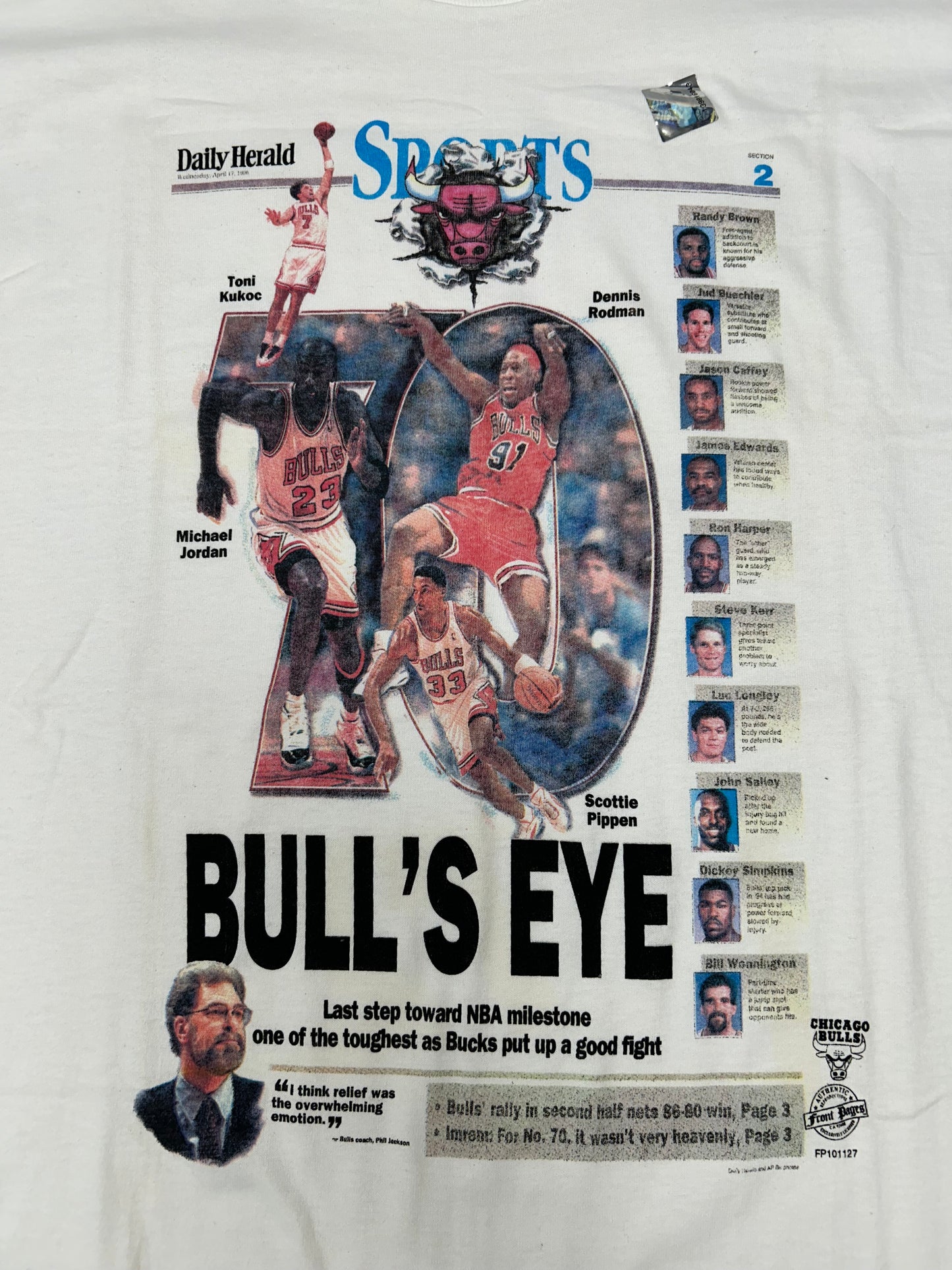 Vintage Chicago Bulls 70 Wins Newspaper Article Tee Bull’s Eye Front Pages XL 23x31.5 DS New With Sticker