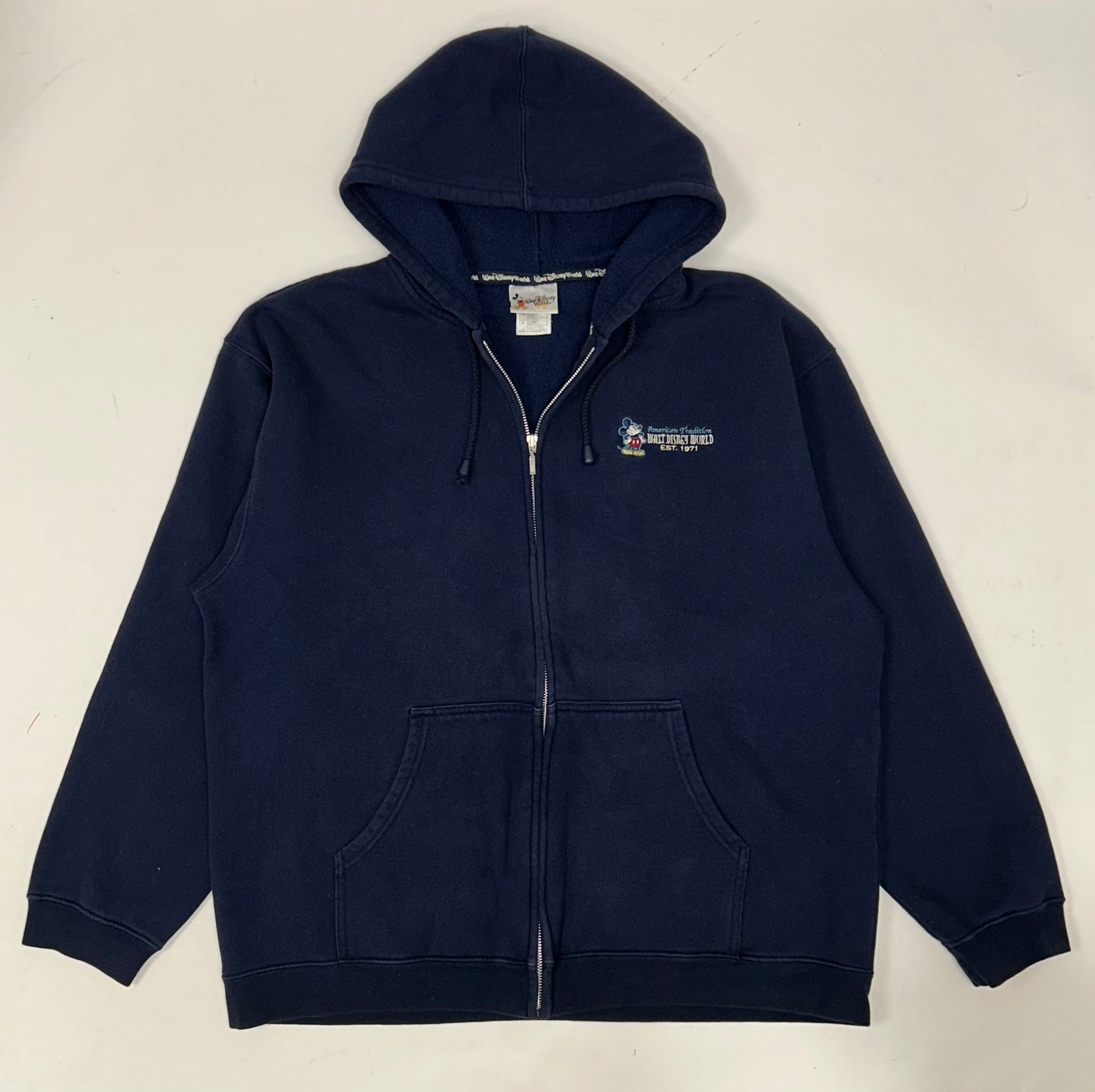 Vintage 00s Walt Disney World American Tradition Mickey Mouse Embroidered Logo Zip Hooded Sweatshirt XL Navy
