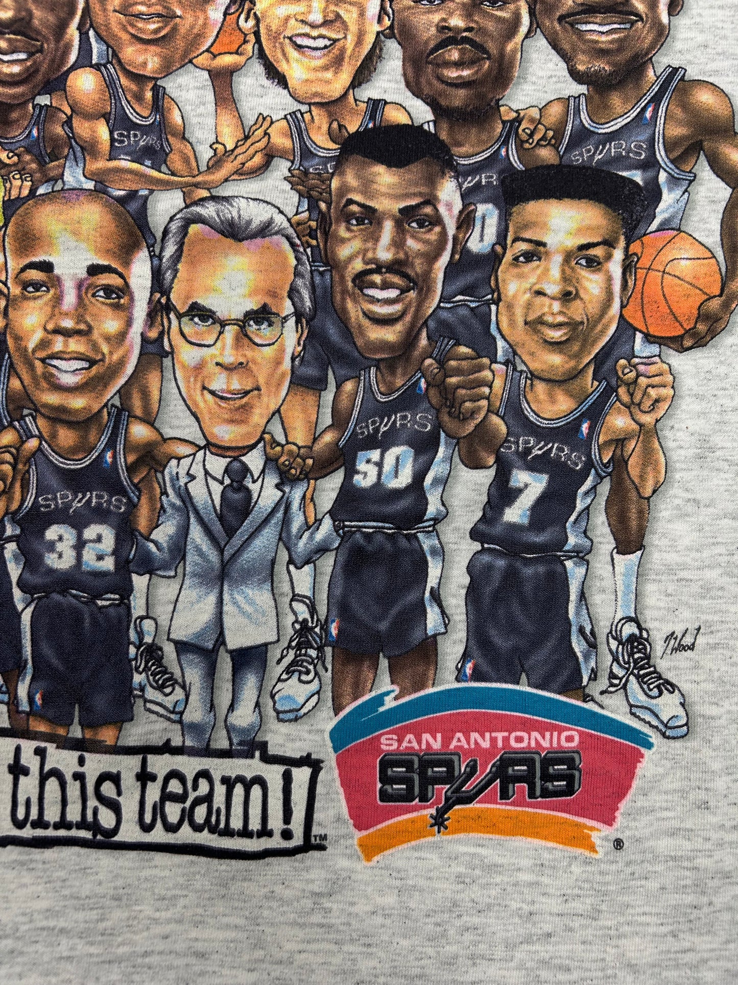 Vintage 90s San Antonio Spurs NBA Caricature Team Salem Sportswear With Rodman Tee XL 24.5x32.75 Inches