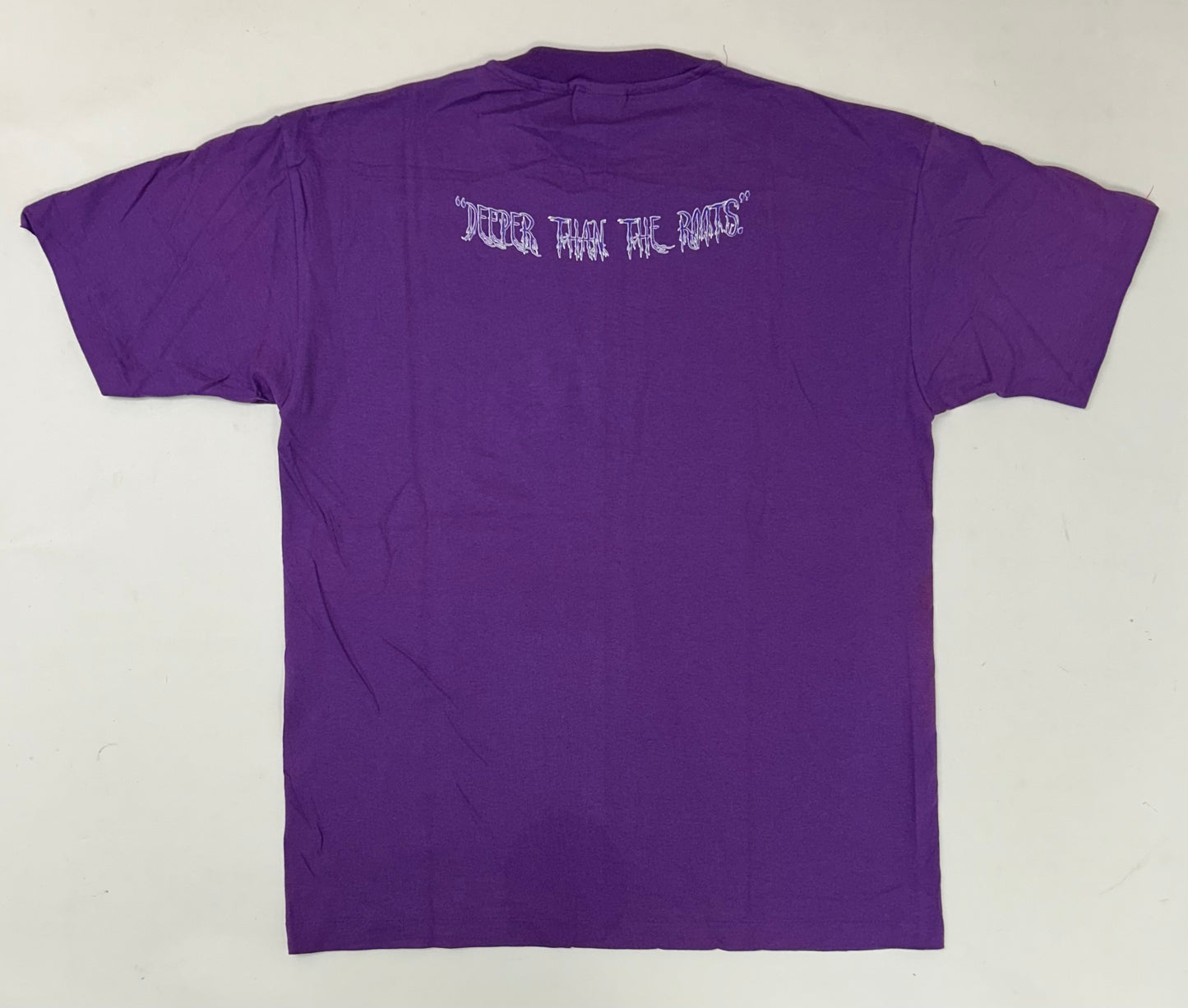 Edgewood NJ first edition “Deeper Than The Roots.” Tee XL 23.5x31.75 Inches 90s Anvil Tag 100% Cotton USA Made Plum Purple
