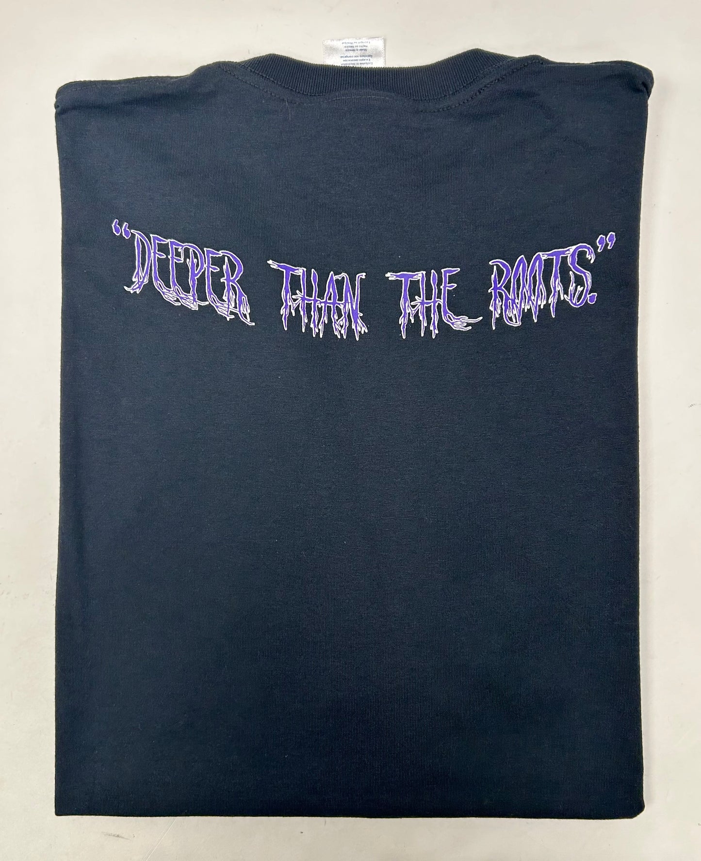 Edgewood NJ first edition “Deeper Than The Roots.” Tee 2XL 24.75x31.5 Inches 00s Jerzees Tag Made In Mexico 50/50 Blend Black