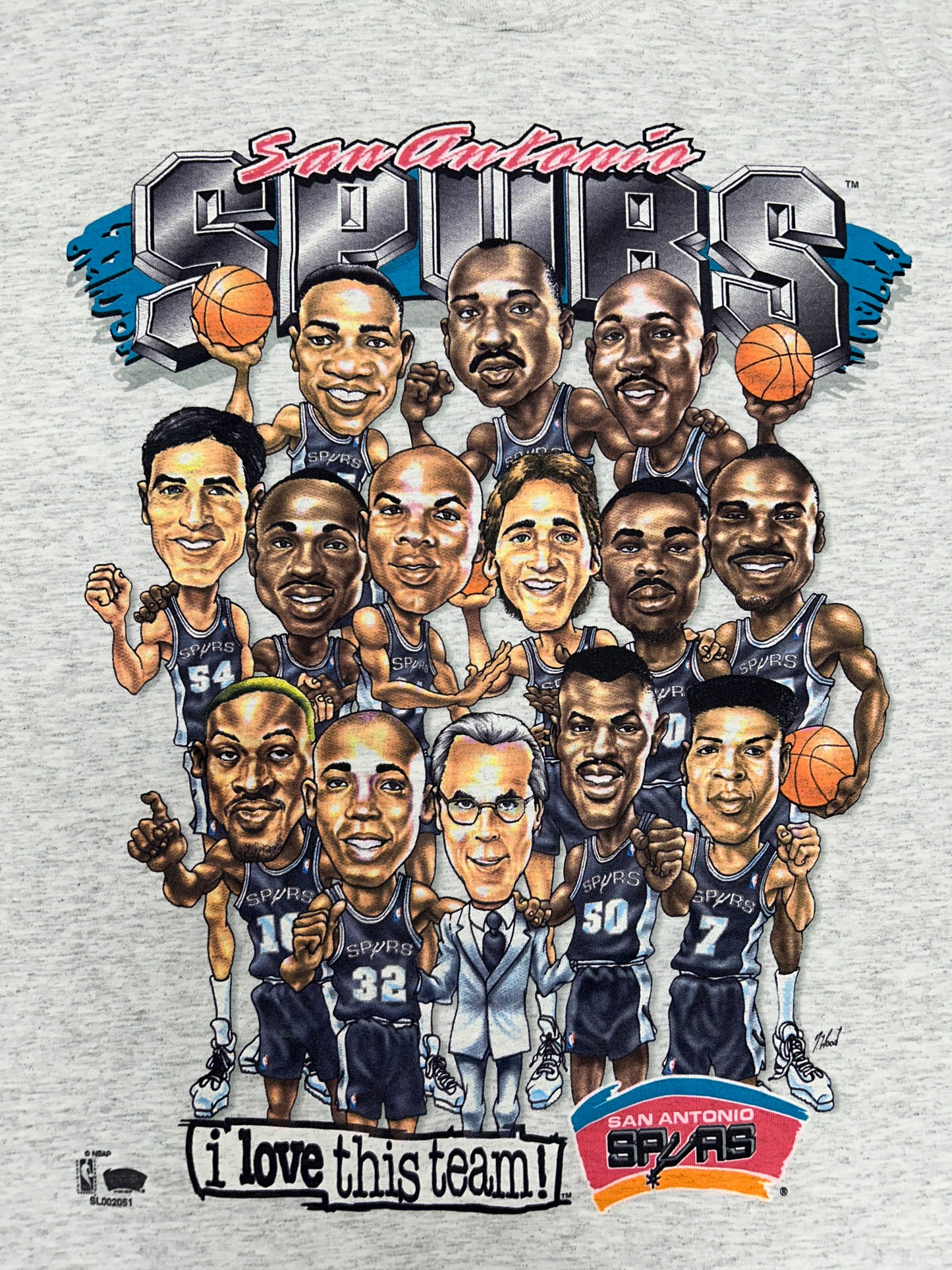 Vintage 90s San Antonio Spurs NBA Caricature Team Salem Sportswear With Rodman Tee XL 24.5x32.75 Inches