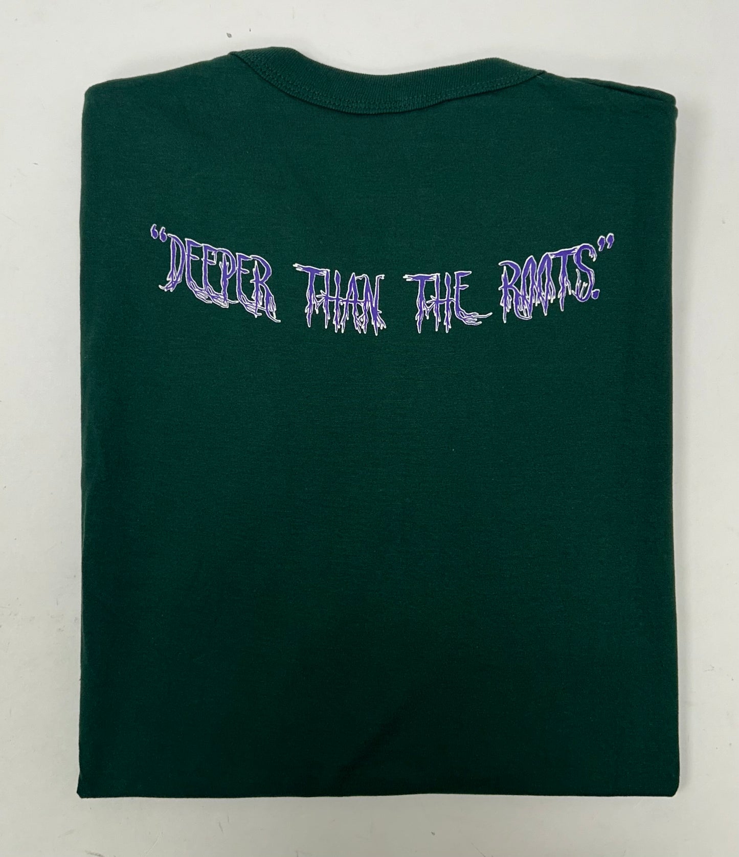 Edgewood NJ first edition “Deeper Than The Roots.” Tee 2XL 26.5x33 Inches 90s Russell Athletic NuBlend 50/50 USA Forest Green