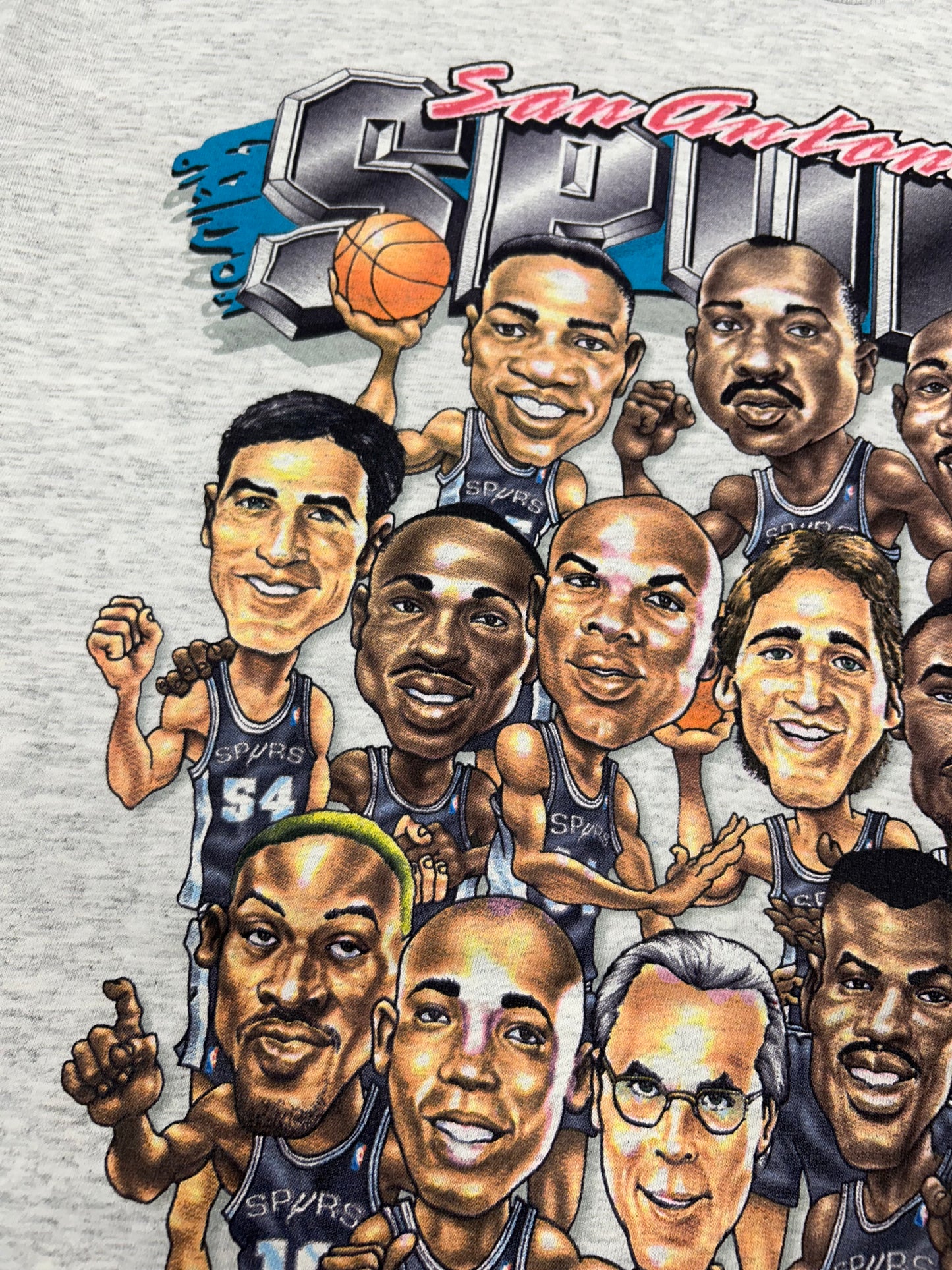 Vintage 90s San Antonio Spurs NBA Caricature Team Salem Sportswear With Rodman Tee XL 24.5x32.75 Inches