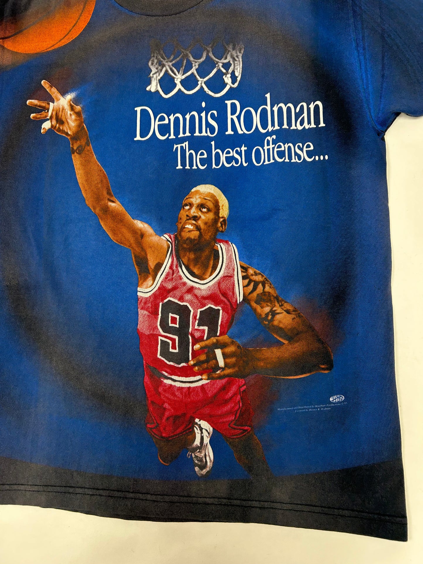 Vintage 1997 Dennis Rodman “The Best Offense Is A Great Defense” All Over Print Tee Tagged Large 22.5x30.5 Inches