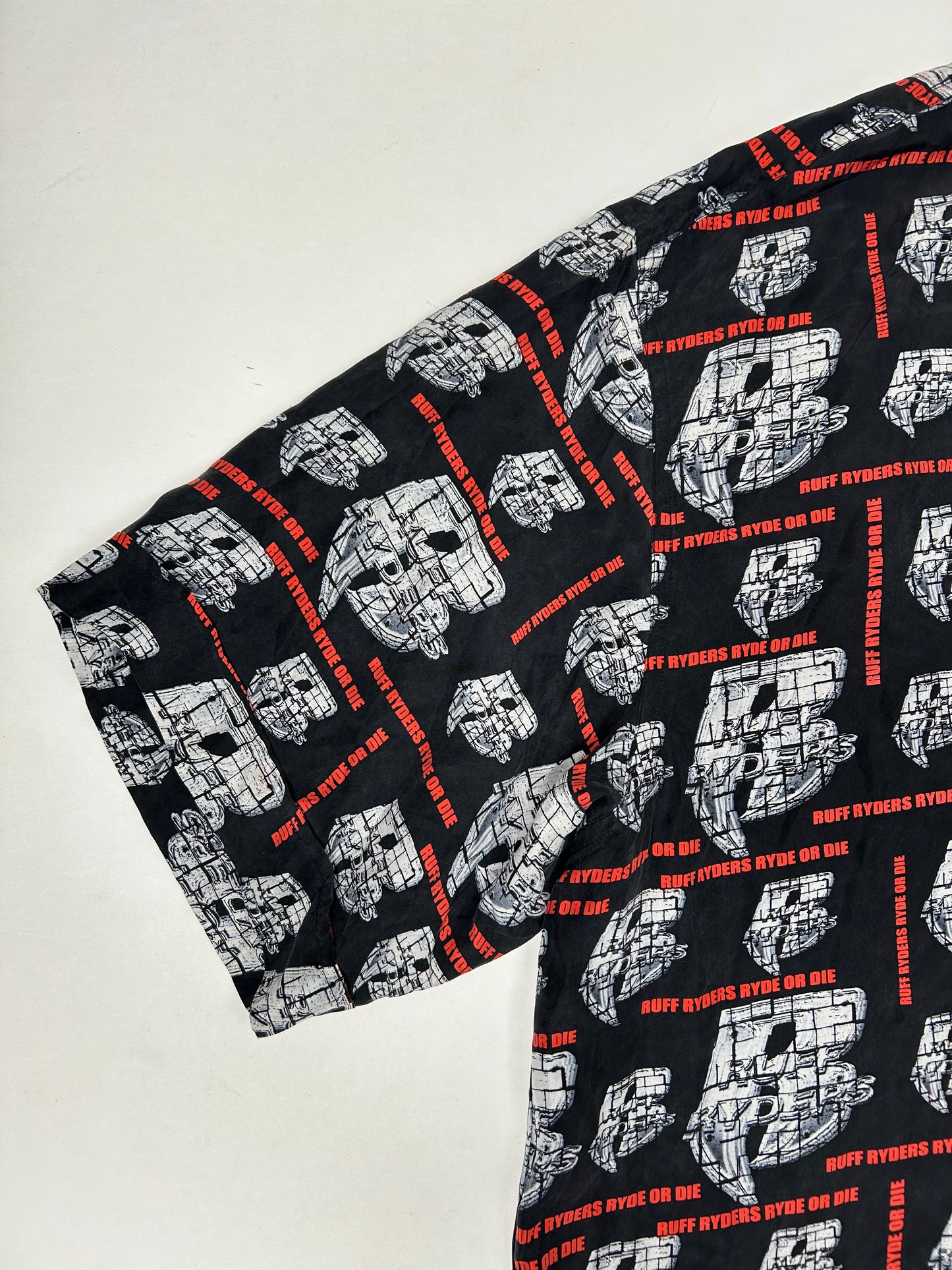 Vintage Ruff Ryders Ryde Or Die Button Up Silk All Over Print DMX Rap Tee XL/2XL 27.5x33.75/35.5 Inches