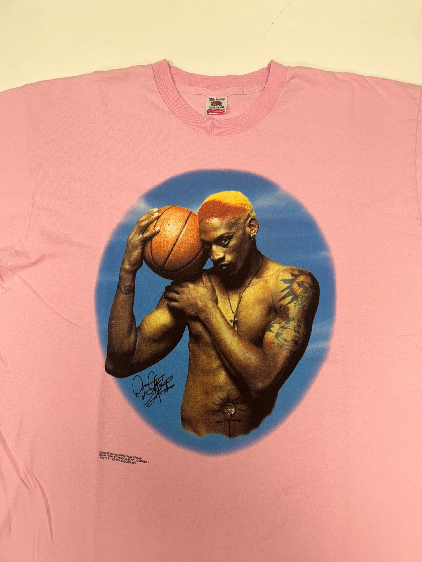 Vintage Dennis Rodman Bad As I Wanna Be Print Tee Pink Rare 2XL 25.25x32.5 Inches FOTL Tag Chicago Bulls