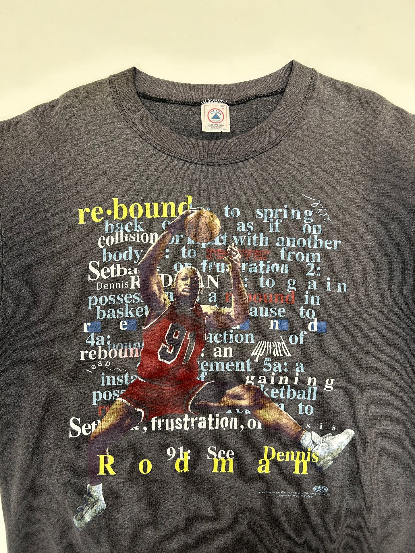 Vintage 1997 Dennis Rodman Rebound Definition Blue Hair Productions Crewneck Sweatshirt Medium 23.25x27.25 Inches Worn Faded As Is