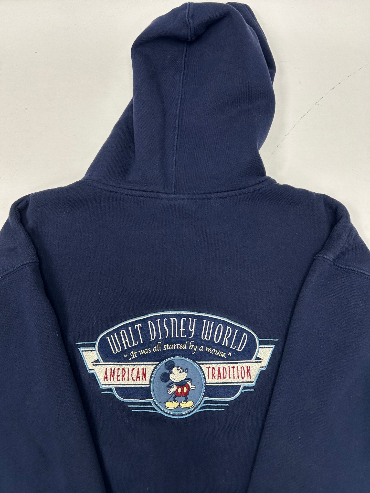 Vintage 00s Walt Disney World American Tradition Mickey Mouse Embroidered Logo Zip Hooded Sweatshirt XL Navy