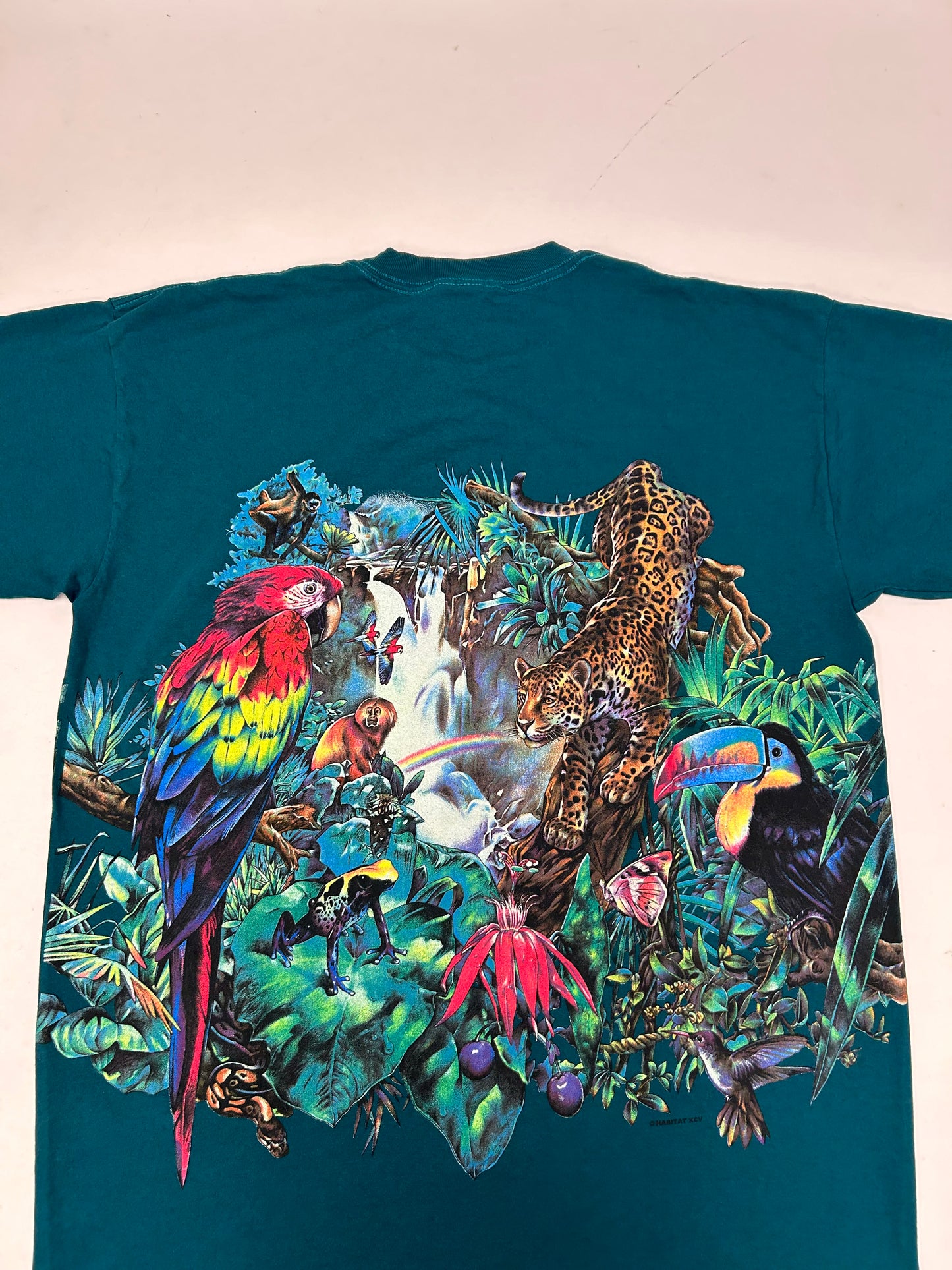 Vintage Bronx Zoo Habitat Rainforest Animal All Over Print Blue T Shirt 90s NYC XL 23.75x31 Inches