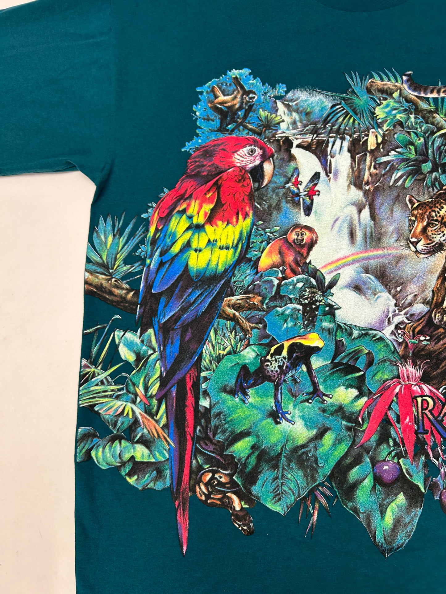 Vintage Bronx Zoo Habitat Rainforest Animal All Over Print Blue T Shirt 90s NYC XL 23.75x31 Inches