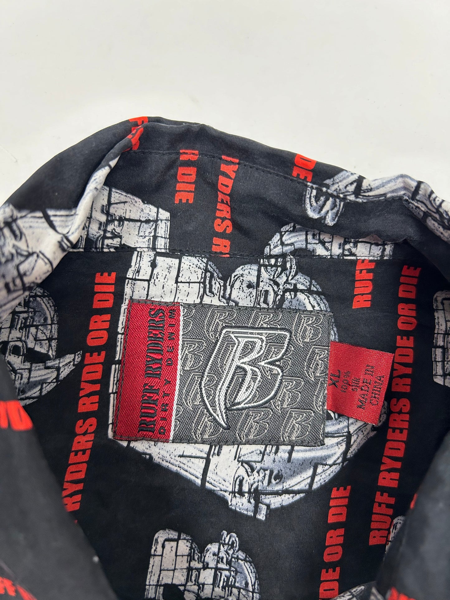 Vintage Ruff Ryders Ryde Or Die Button Up Silk All Over Print DMX Rap Tee XL/2XL 27.5x33.75/35.5 Inches