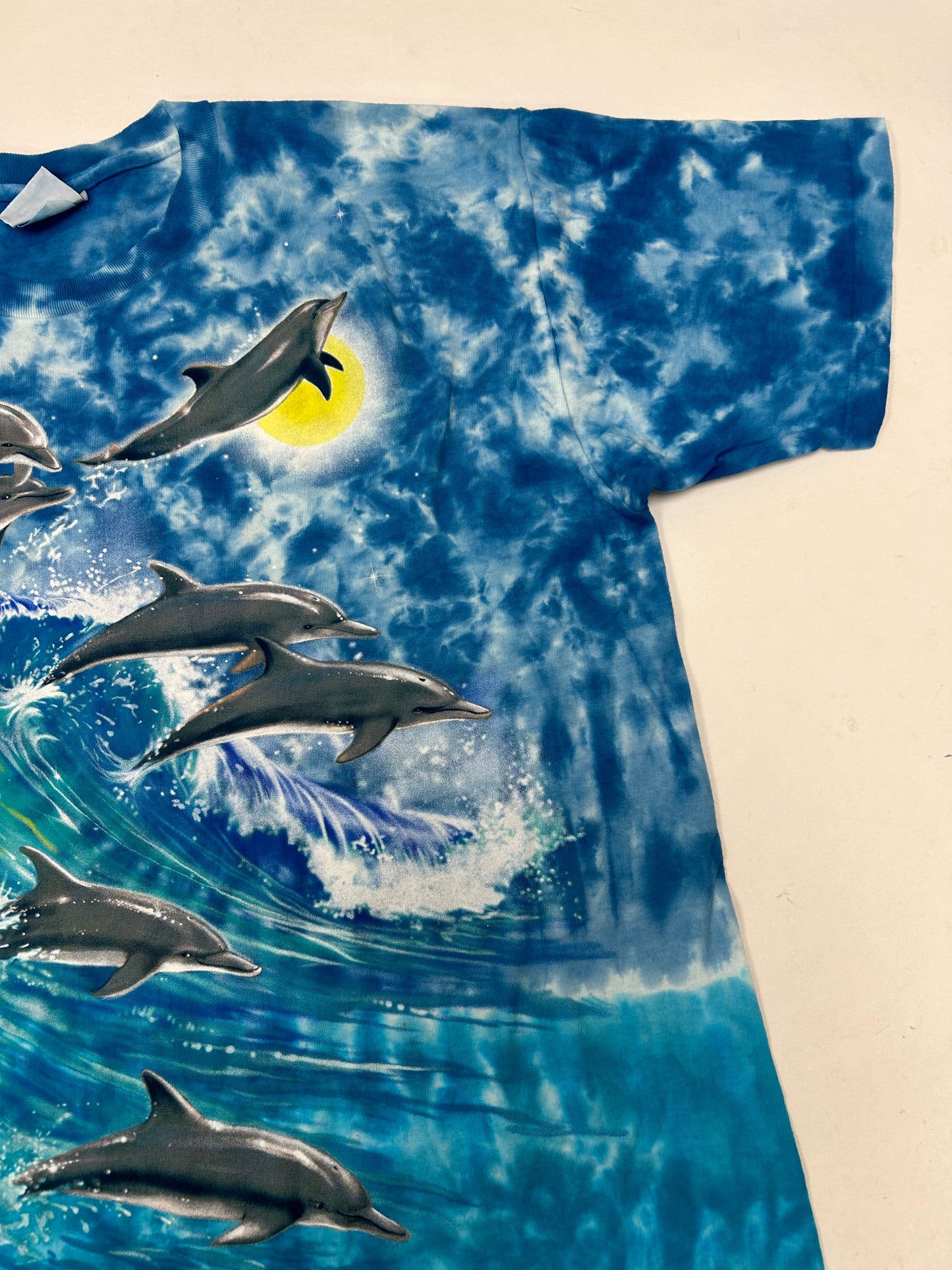 Vintage Liquid Blue Dolphin AOP Blue Ocean Tie Dye Beach Water Shirt Large 22.75xx29.5 Inches USA