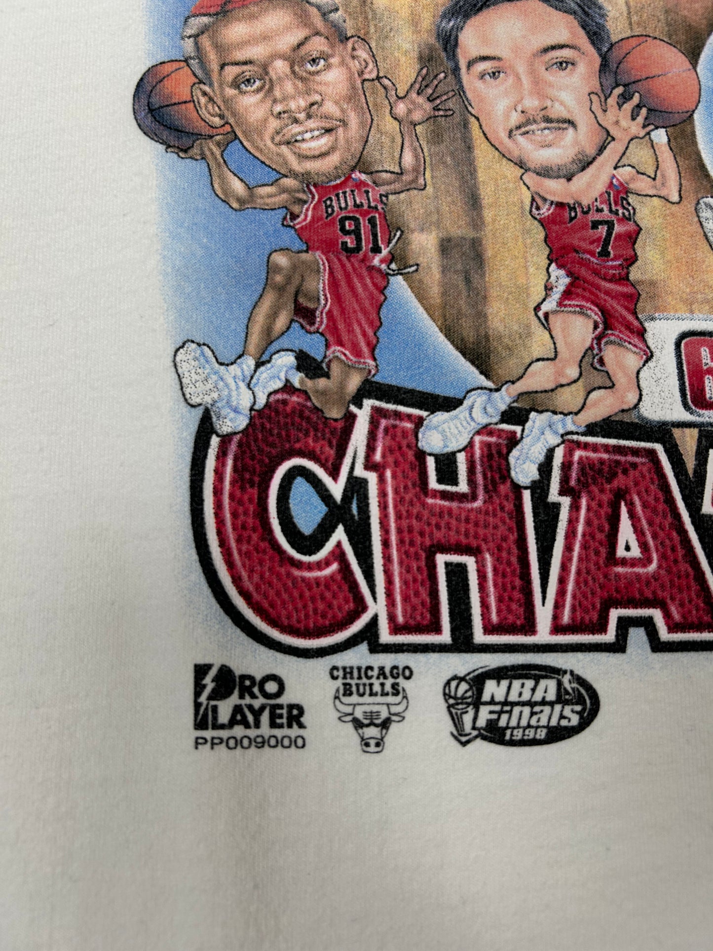 Vintage Pro Player Chicago Bulls 1998 6 Time NBA Champion Caricature Team Tee XL 24x31 Inches As Is