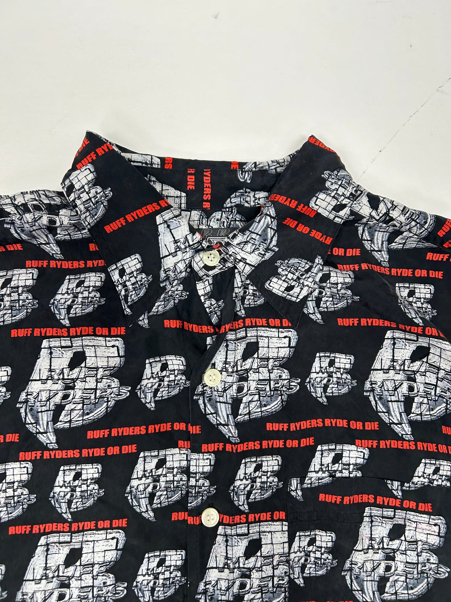Vintage Ruff Ryders Ryde Or Die Button Up Silk All Over Print DMX Rap Tee XL/2XL 27.5x33.75/35.5 Inches