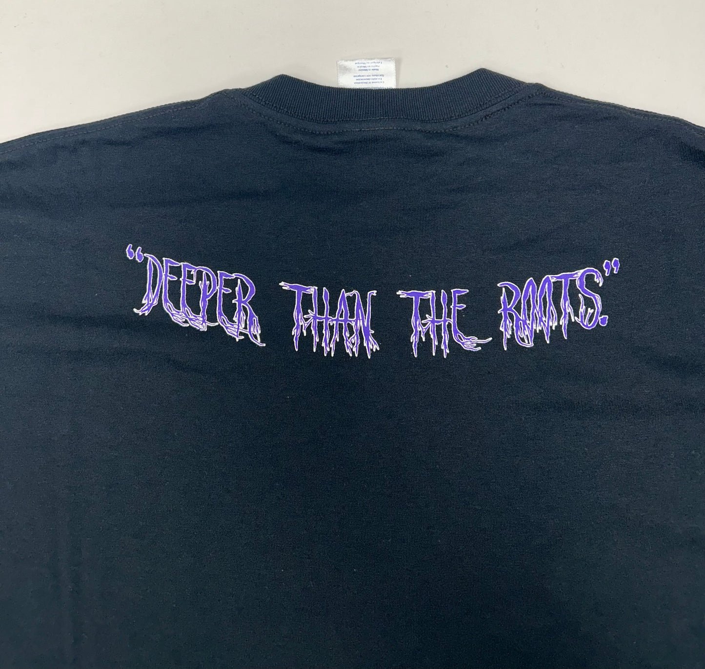 Edgewood NJ first edition “Deeper Than The Roots.” Tee 2XL 24.75x31.5 Inches 00s Jerzees Tag Made In Mexico 50/50 Blend Black